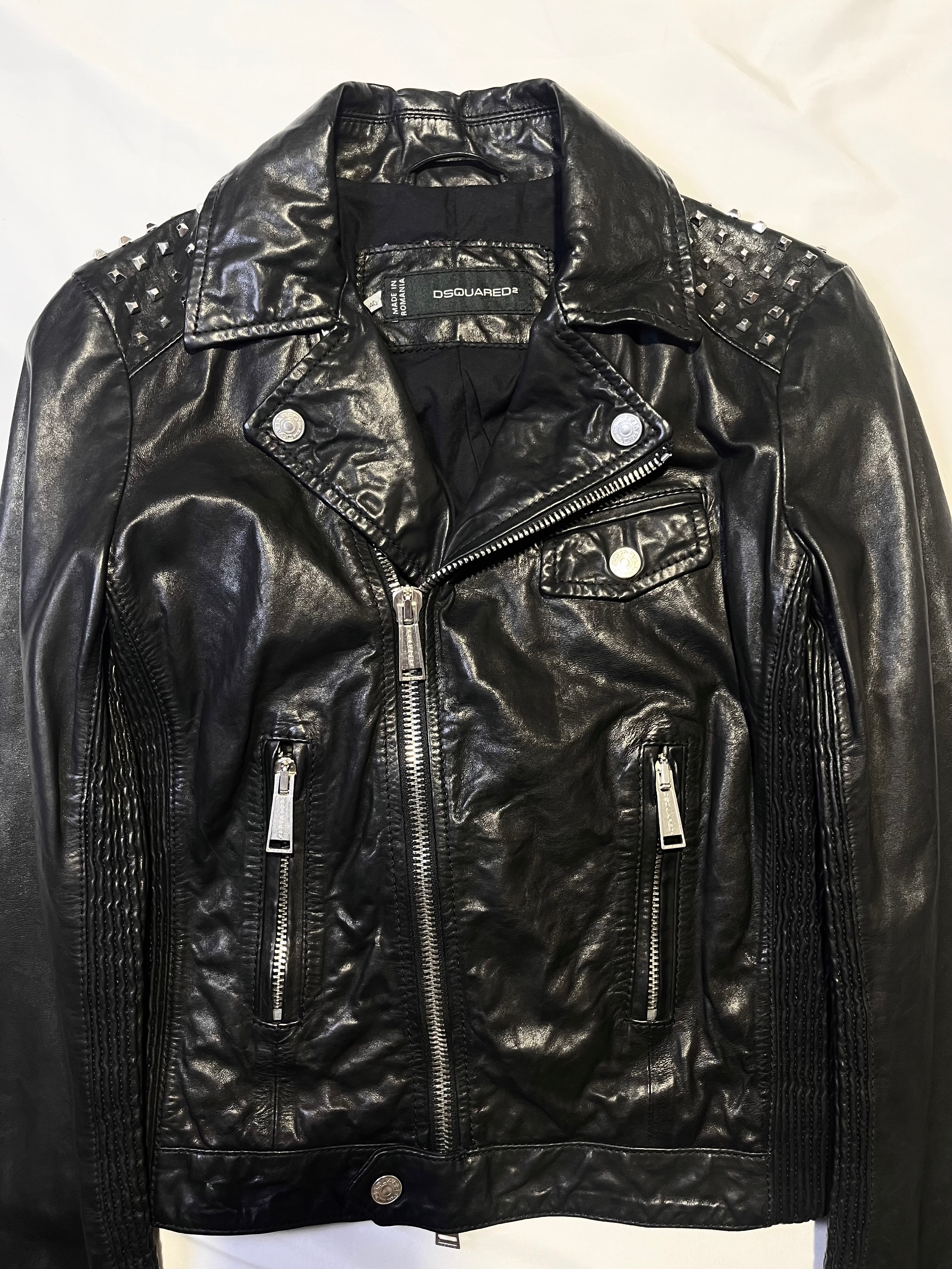 DSQUARED2 STUDDED PERFECTO BIKER LEATHER JACKET IN SIZE 40