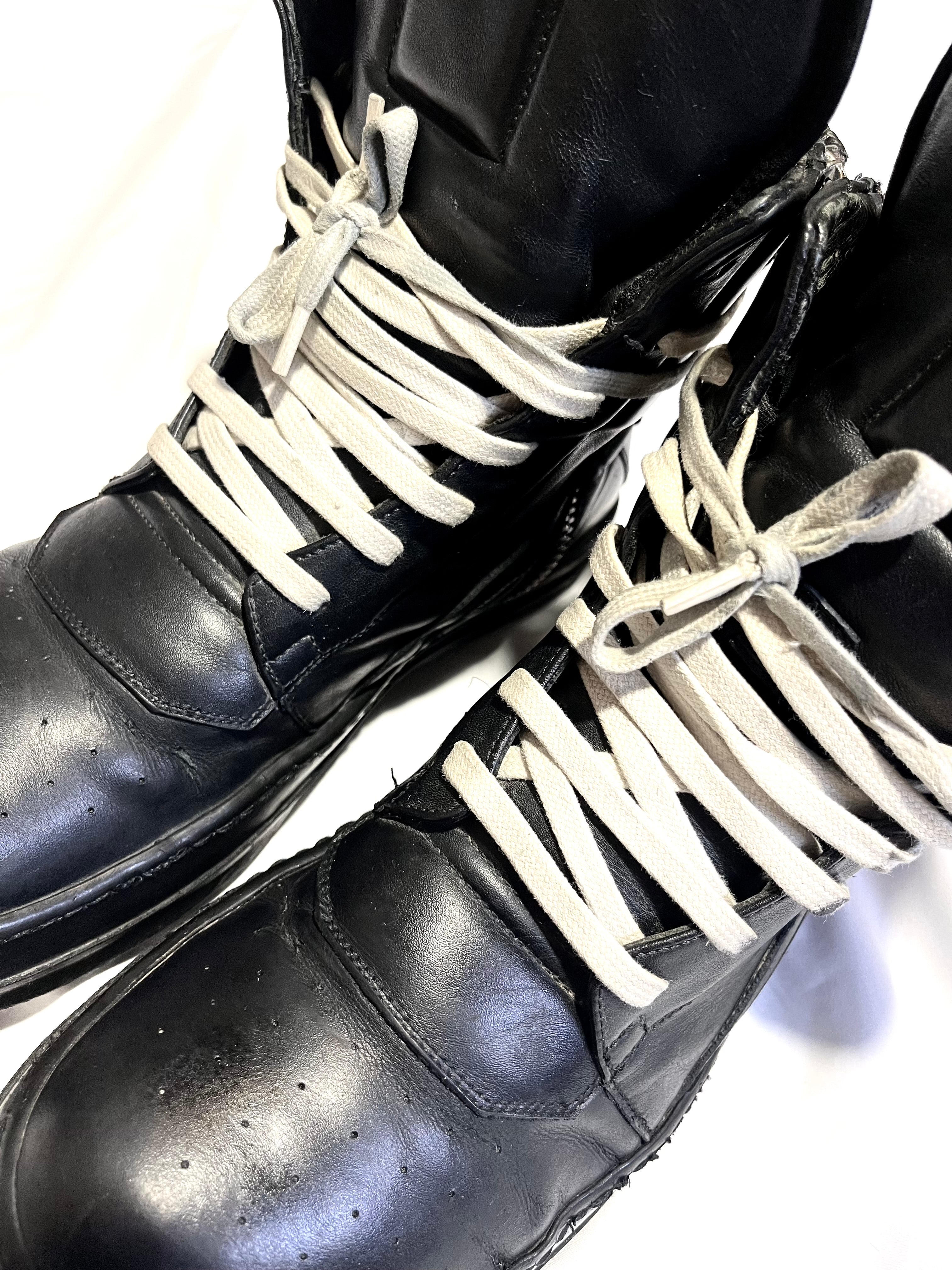 RICK OWENS TRIPLE BLACK LEATHER GEOBASKETS IN 41.5