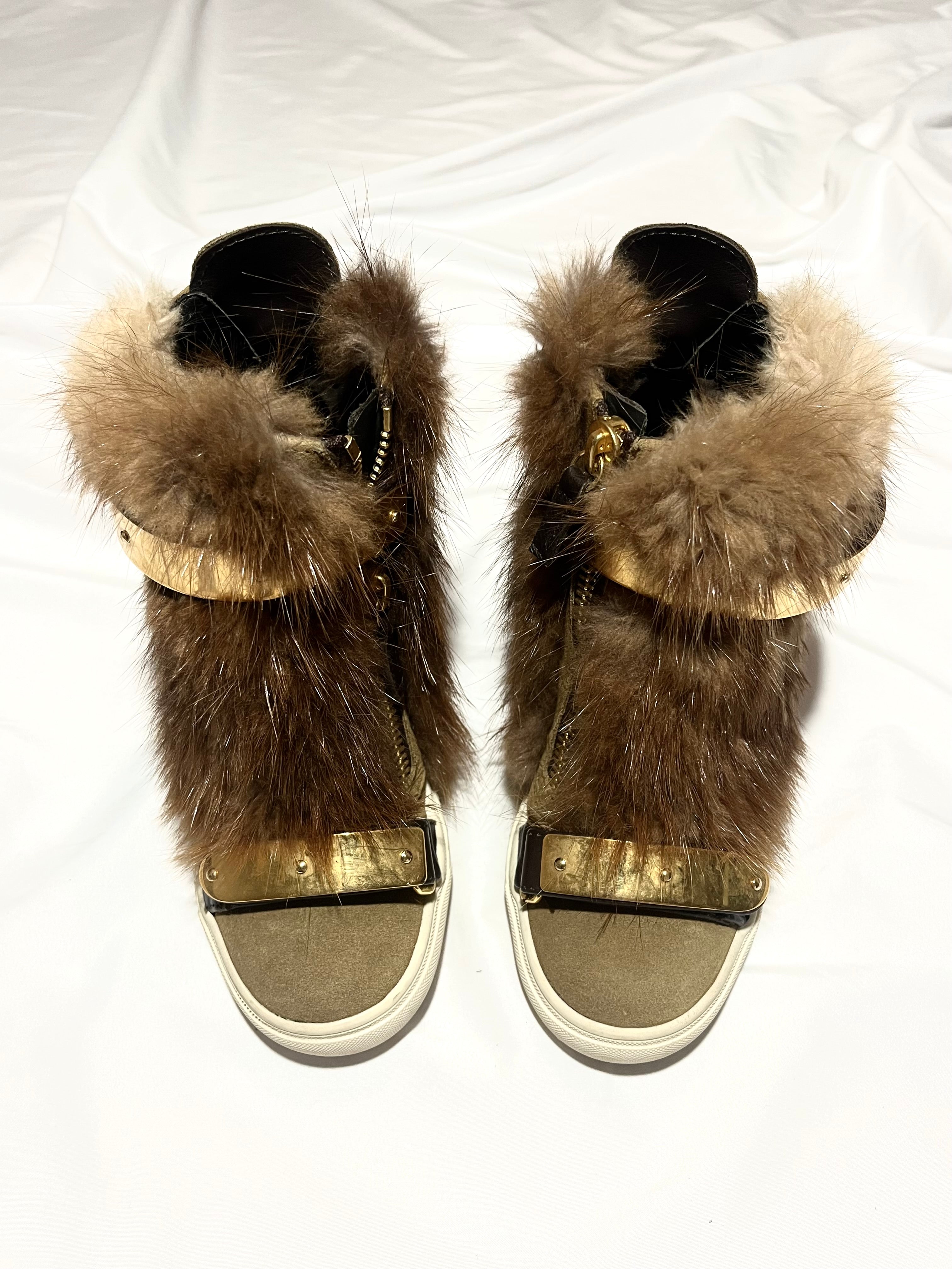 GIUSEPPE ZANOTTI 'COBY' BROWN/GOLD FUR WEDGE SNEAKERS IN 35