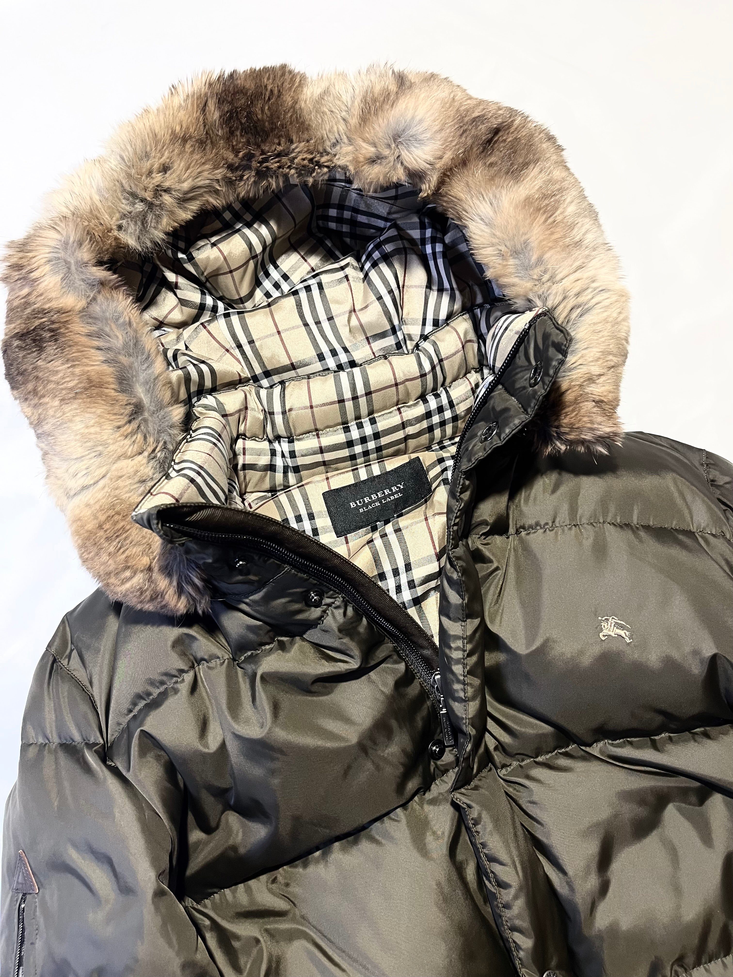 BURBERRY BLACK LABEL 2009 DARK GREEN REAL FUR OG NOVA CHECK PUFFER DOWN JACKET