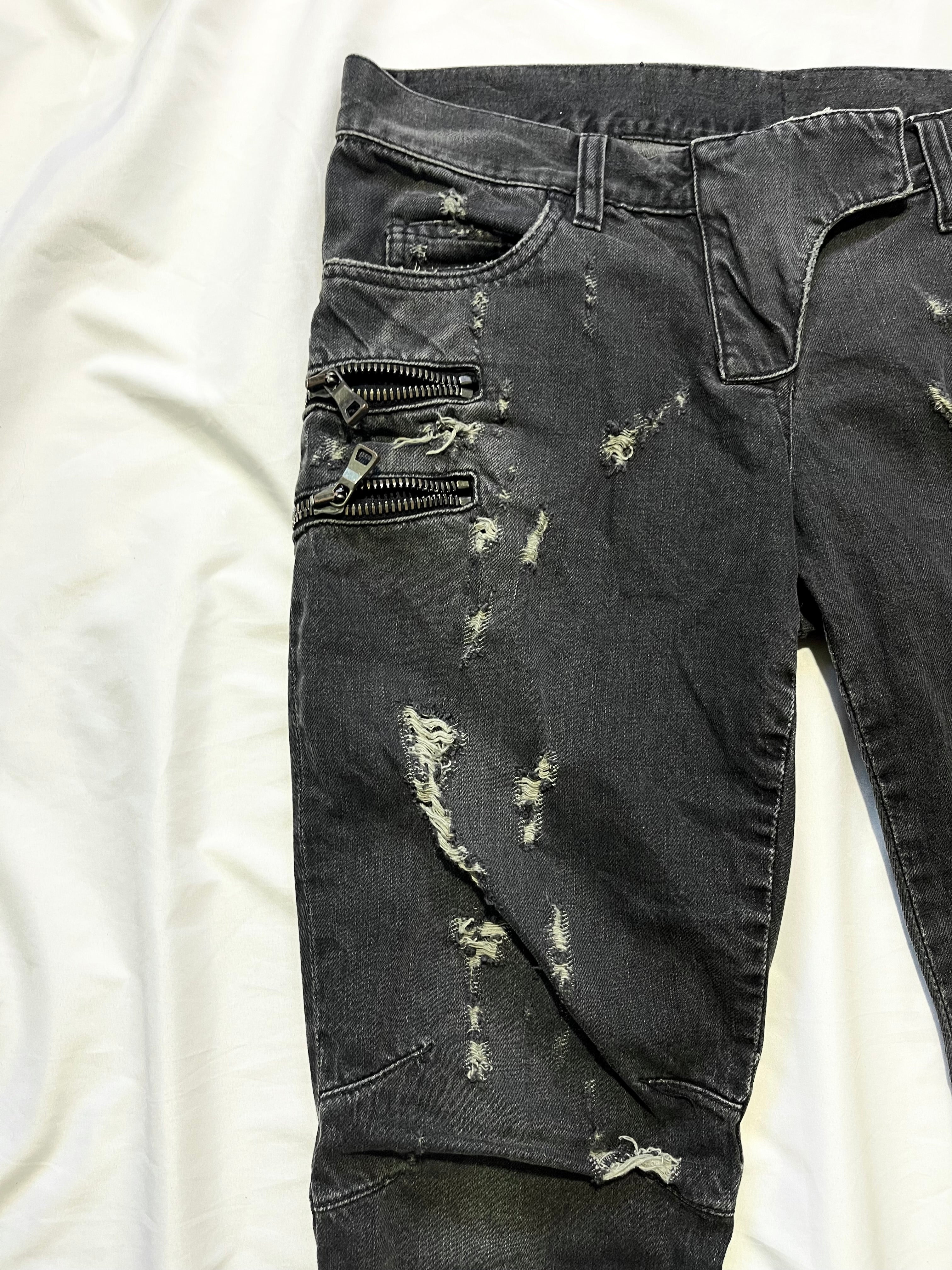 BALMAIN FW11 4 ZIP GREY DISTRESSED BIKER DENIM BY CRISTOPHE DECARNIN