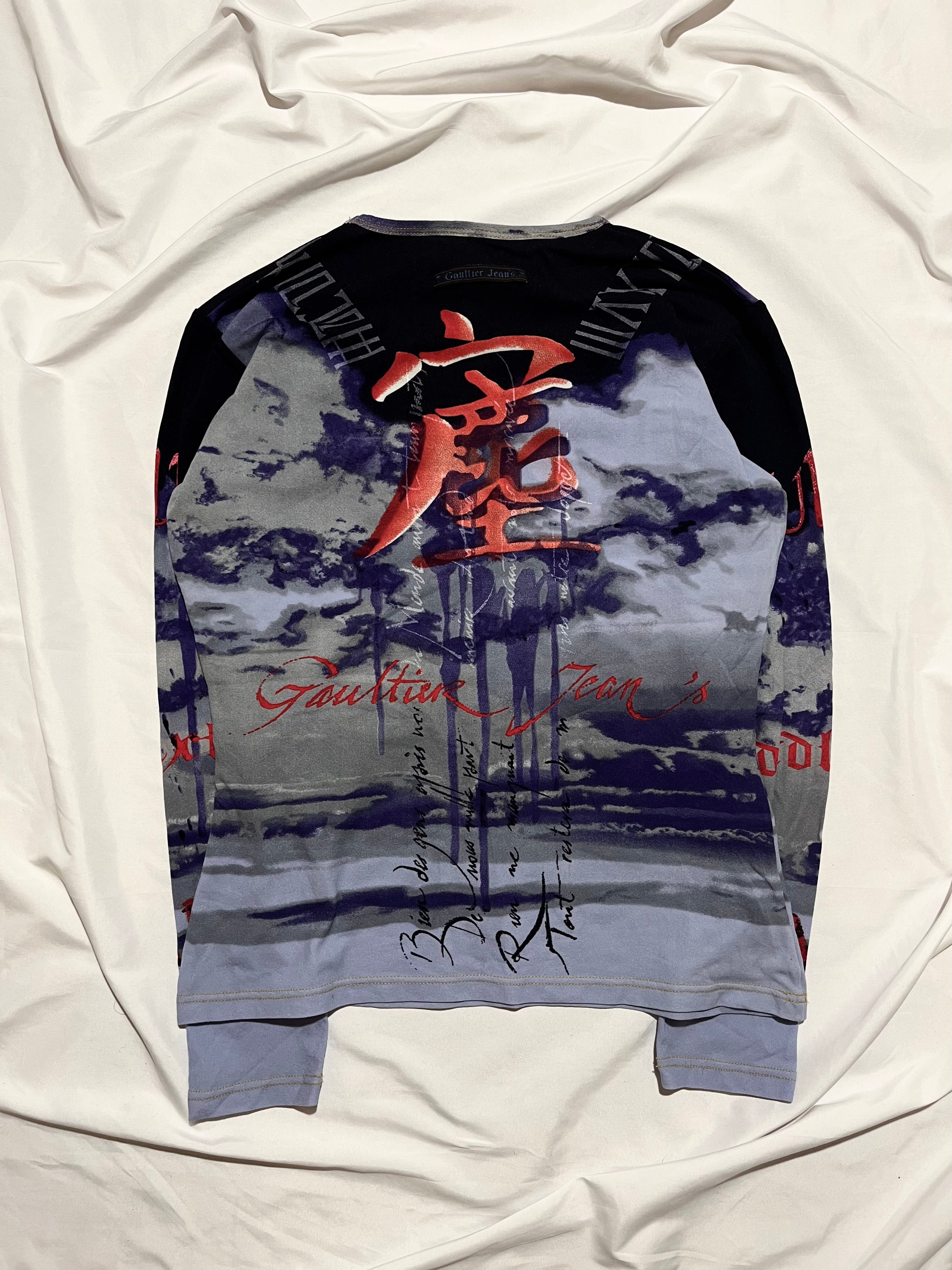 JEAN PAUL GAULTIER CHINESE CHARACTERS SPELLOUT BLUE/DARK RED VINTAGE TOP