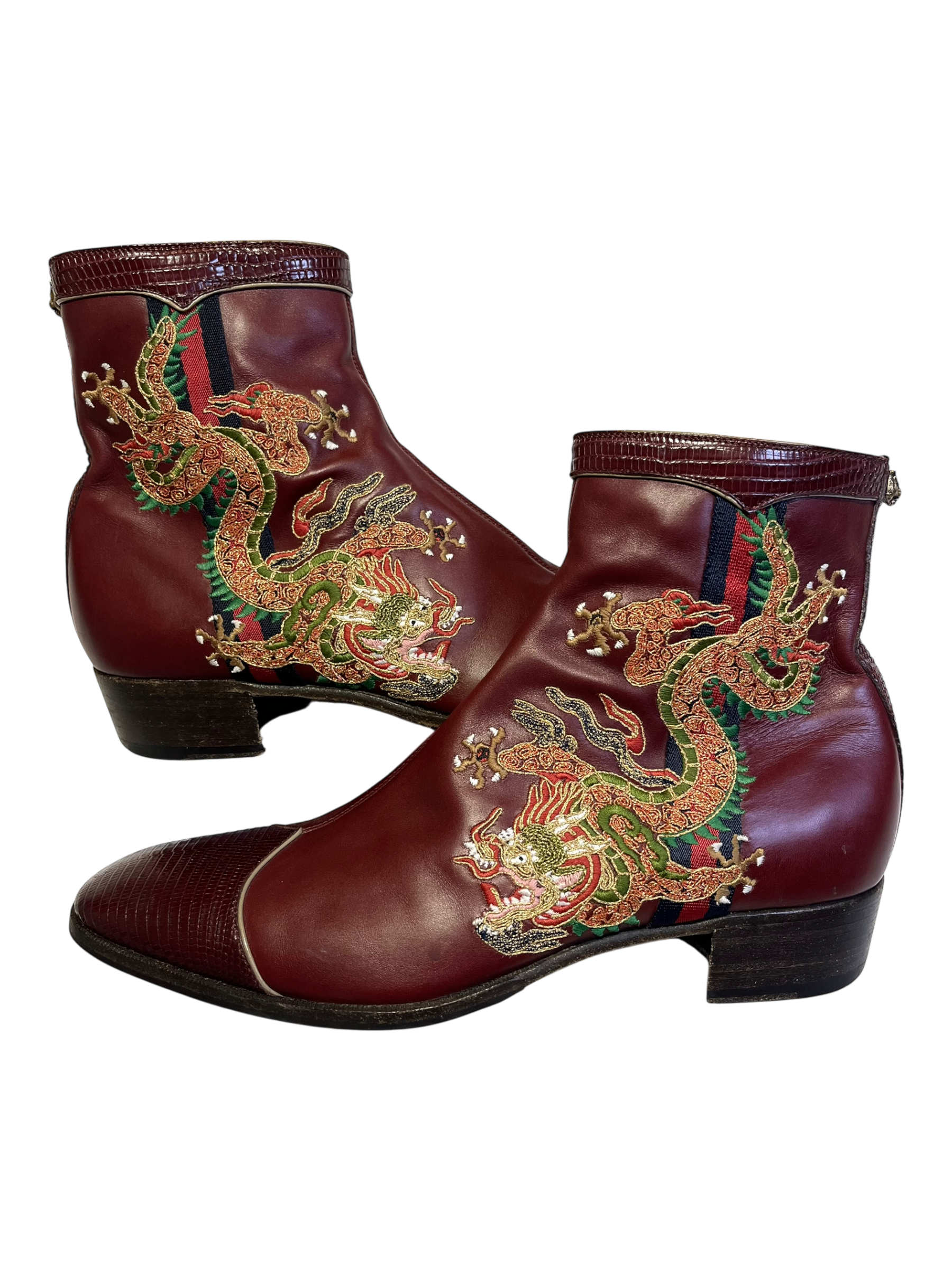 GUCCI DRAGON EMBROIDERED CHELSEA BOOTS WITH LIZARD SKIN TIPS