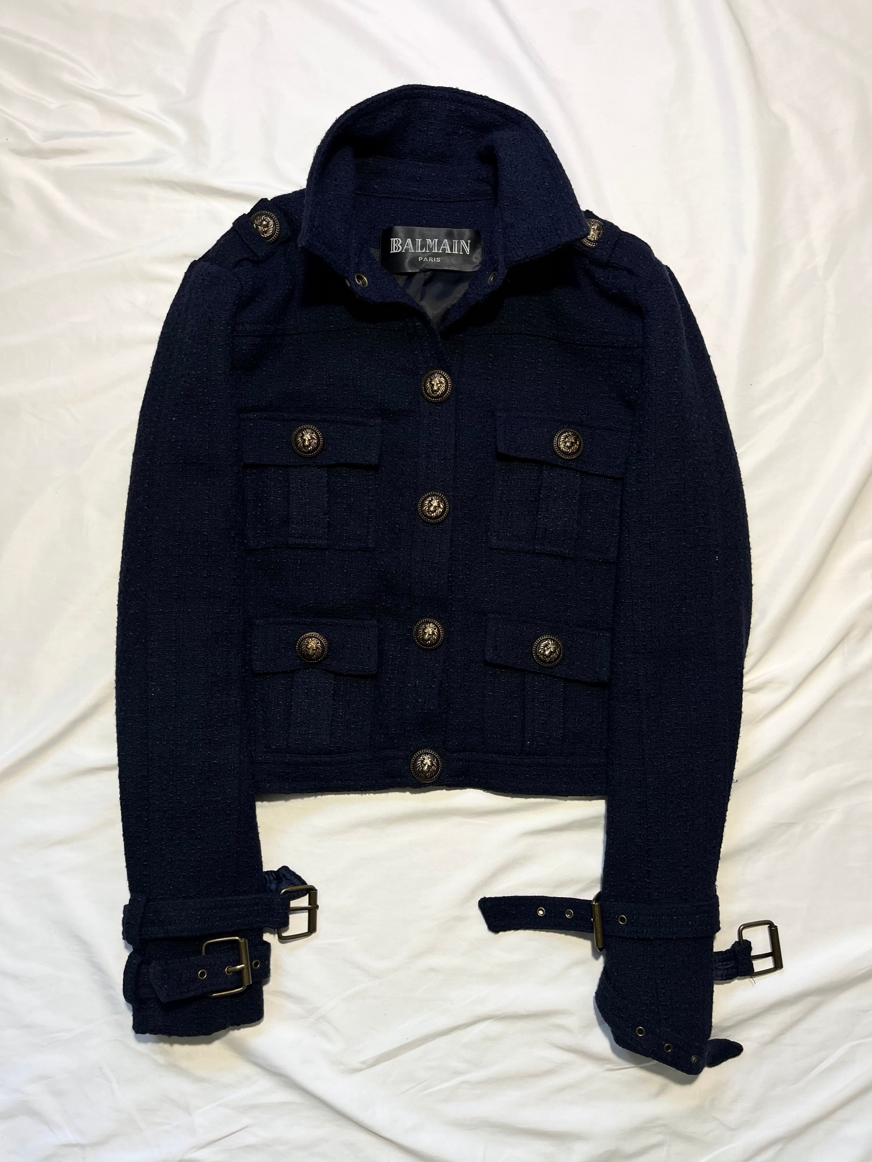 BALMAIN MILITARY STRAP TWEED JACKET IN NAVY