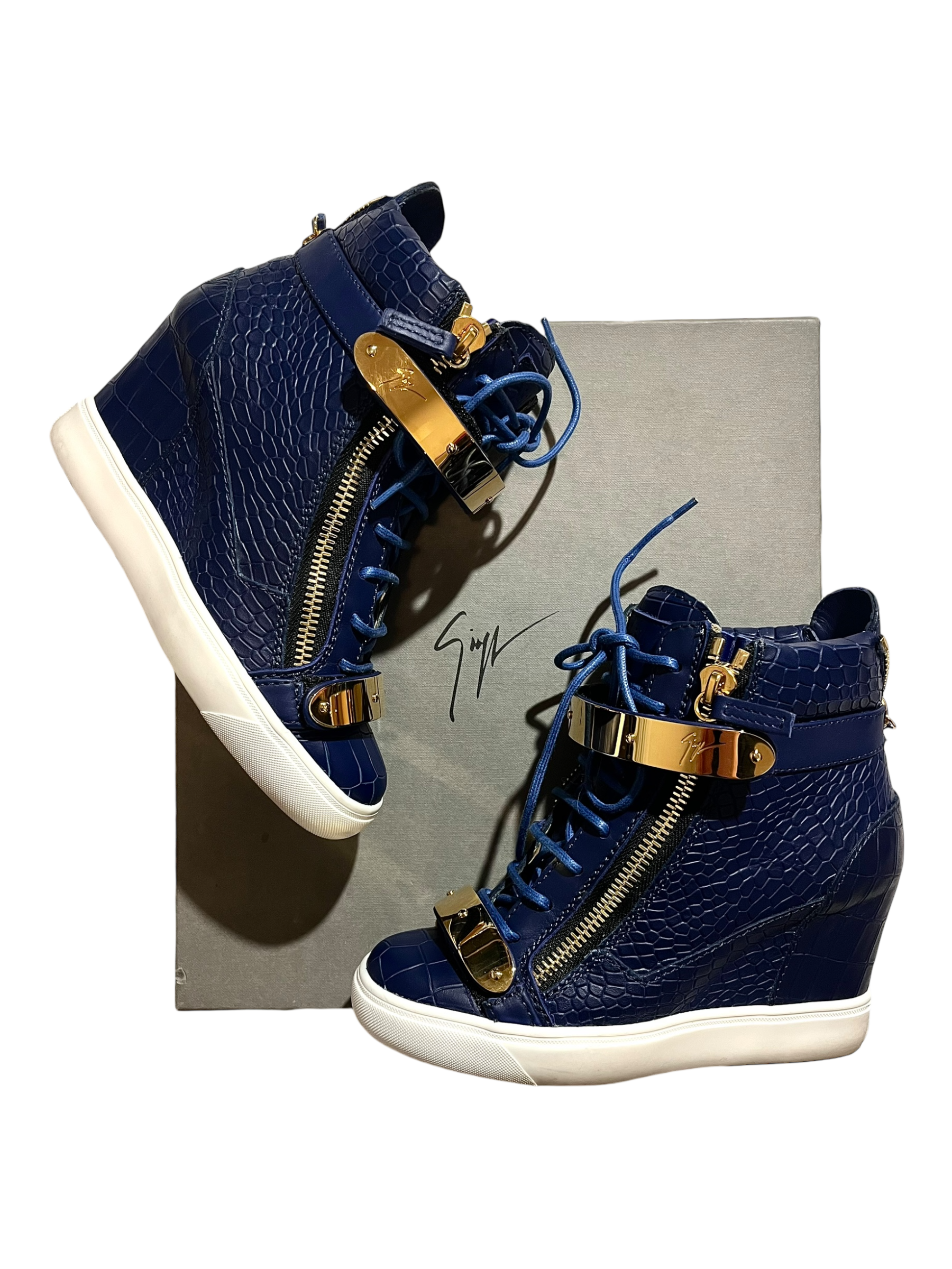 GIUSEPPE ZANOTTI 'COBY' ROYAL BLUE CROCODILE WEDGE SNEAKERS IN 37