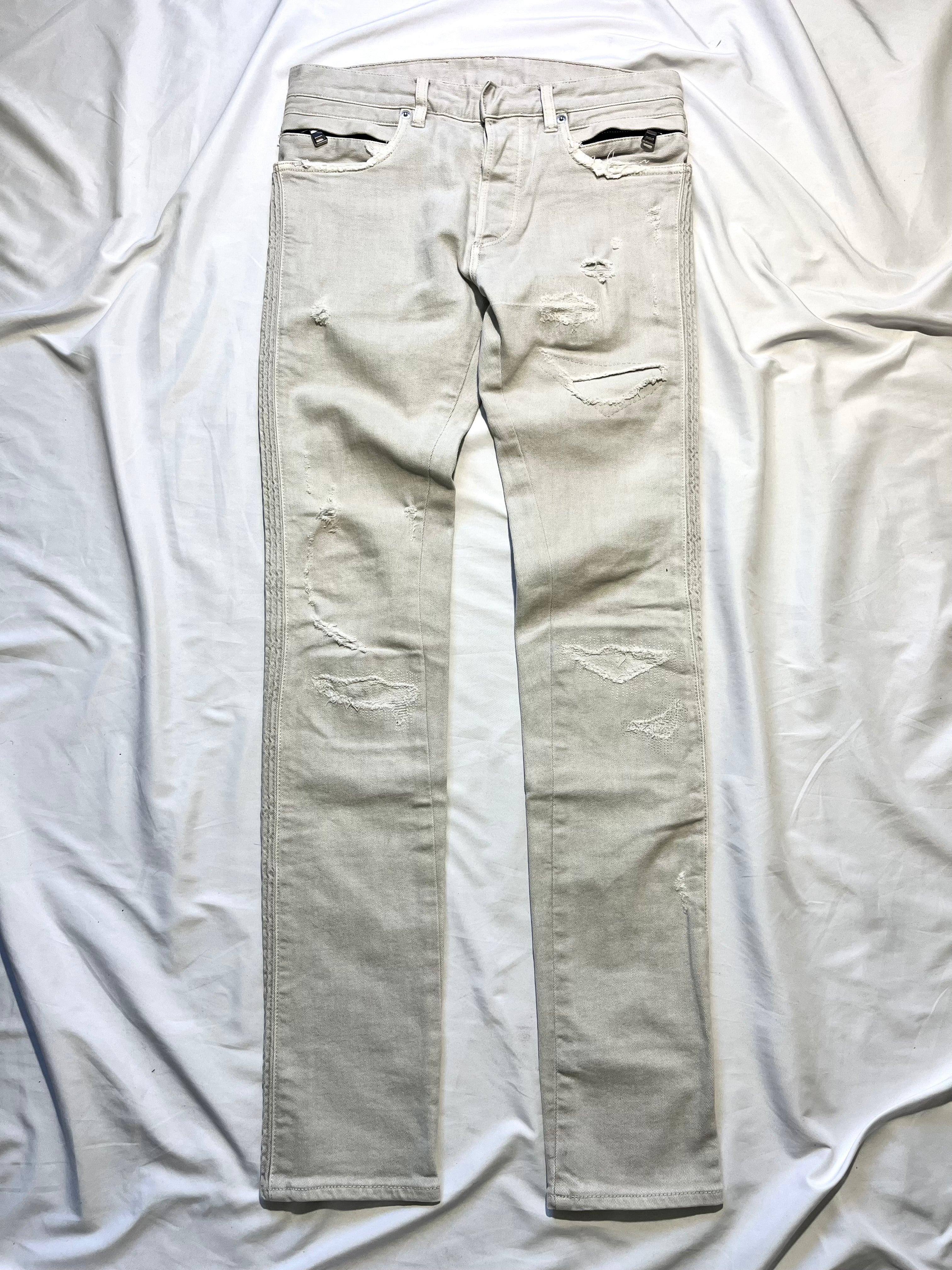 BALMAIN KHAKI DISTRESSED BIKER DENIM BY OLIVIER ROUSTEING IN W27