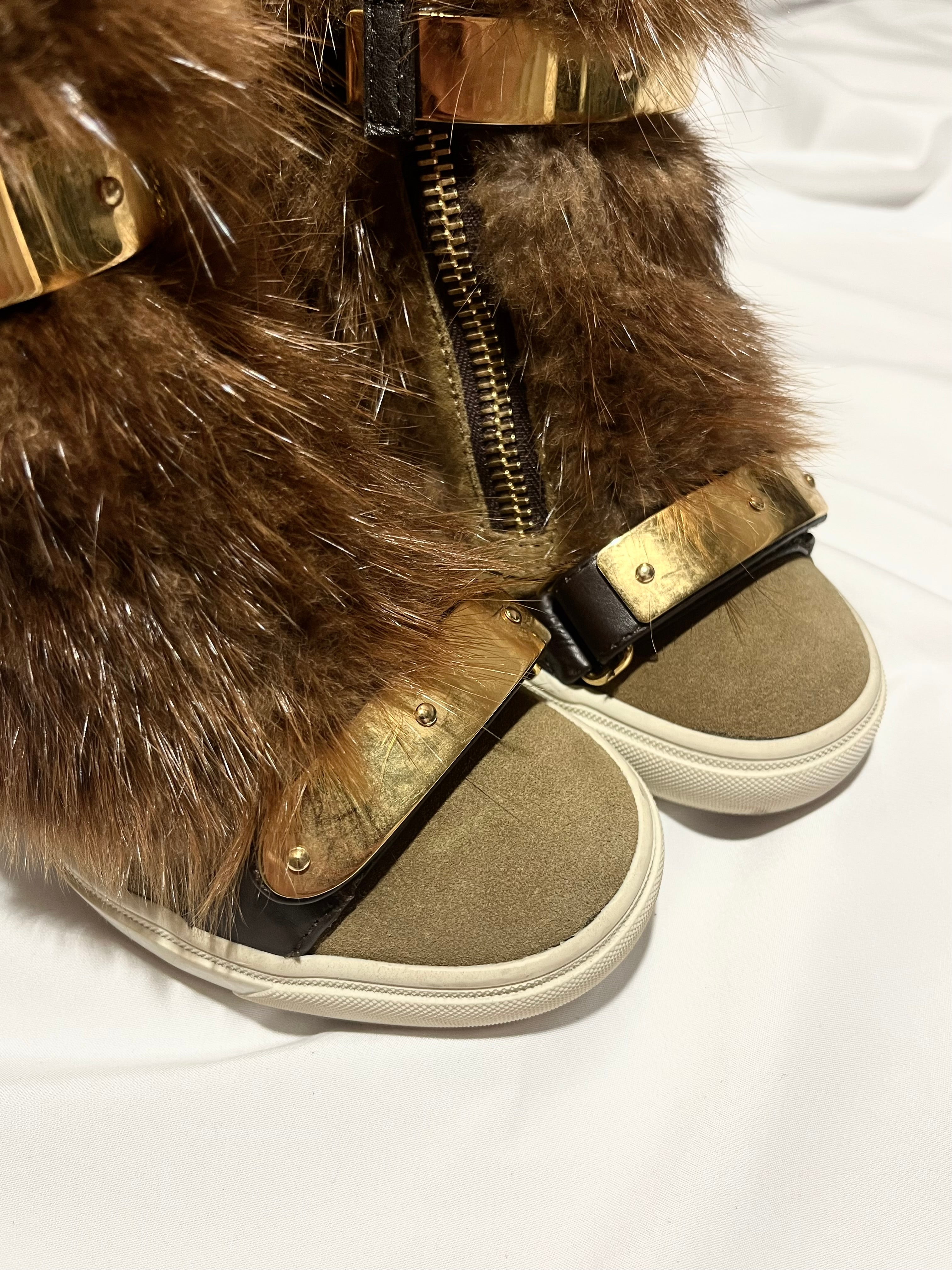 GIUSEPPE ZANOTTI 'COBY' BROWN/GOLD FUR WEDGE SNEAKERS IN 35
