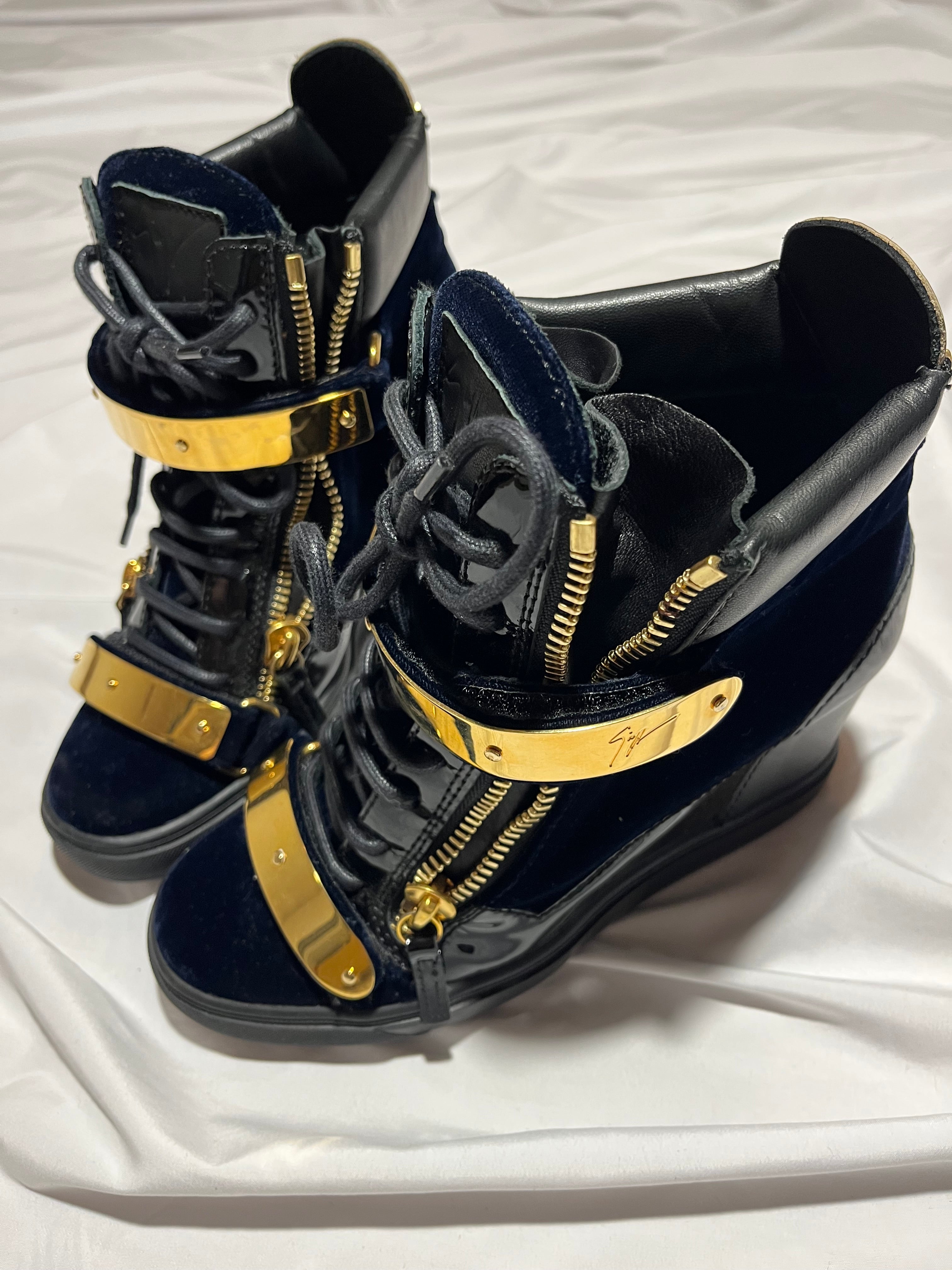 GIUSEPPE ZANOTTI 'COBY' DARK BLUE SATIN WEDGE SNEAKERS IN 38