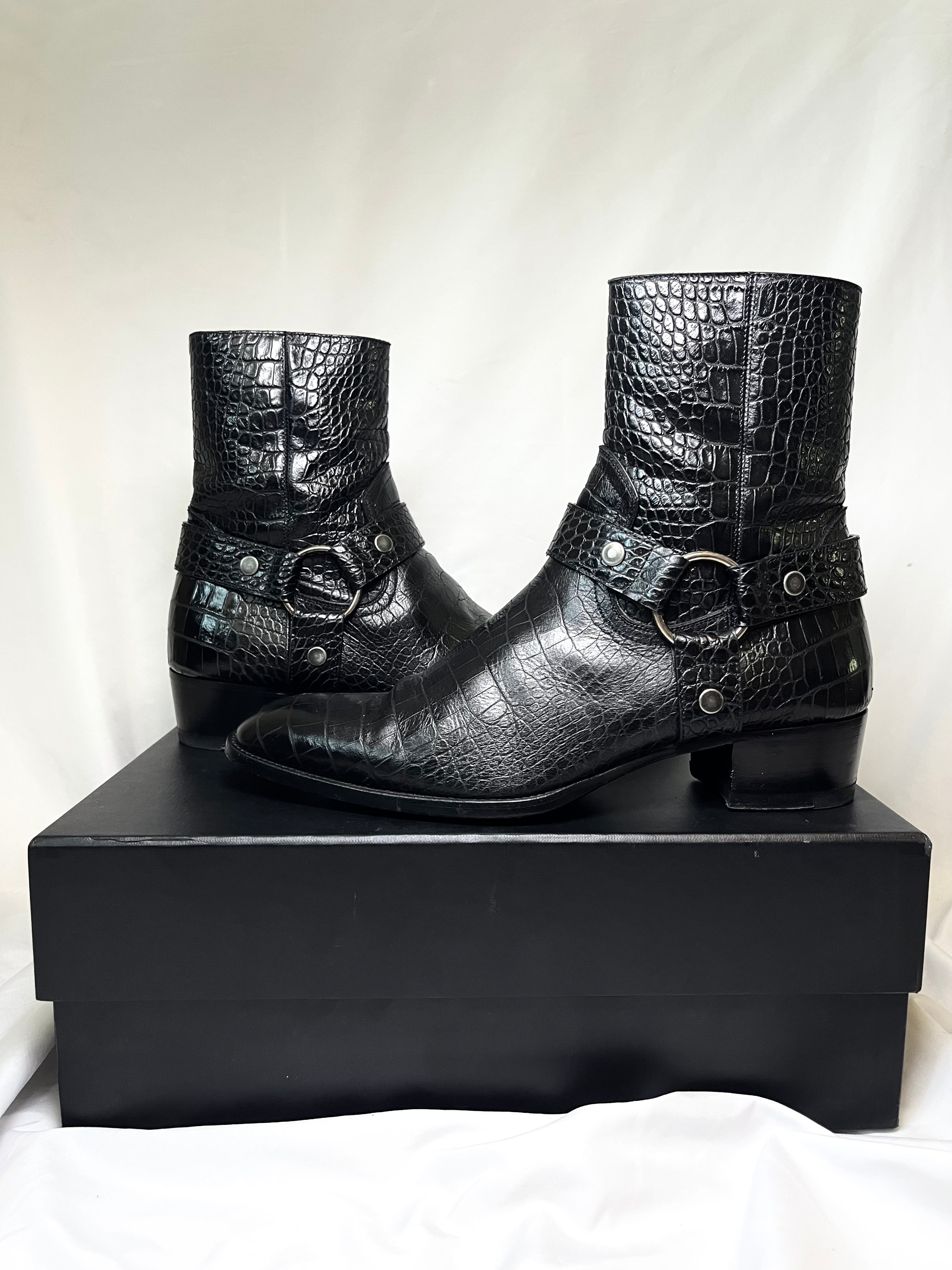 SAINT LAURENT PARIS CROCODILE LEATHER "WYATT" 40MM HARNESS BOOTS