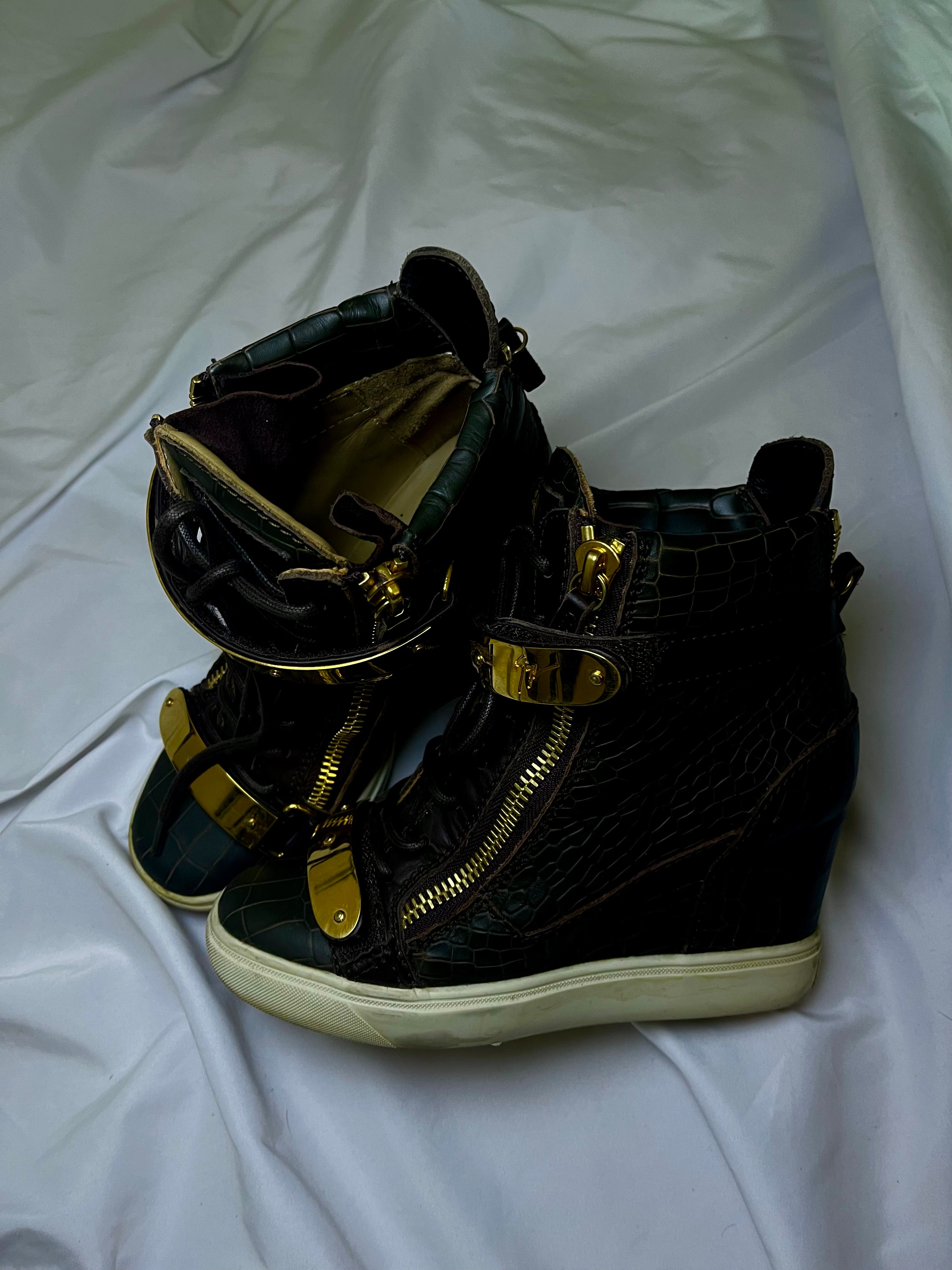 GIUSEPPE ZANOTTI “COBY” WEDGE SNEAKERS SNAKESKIN GREEN/GOLD