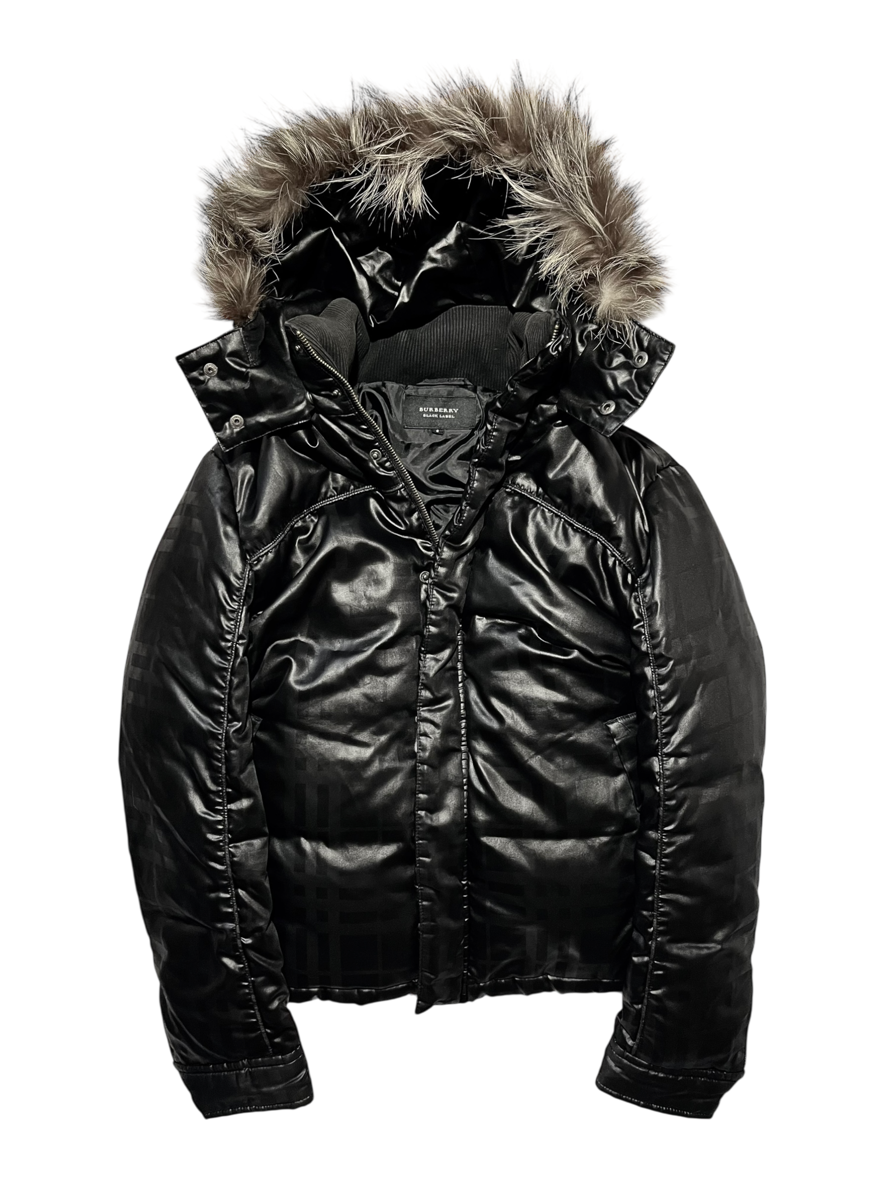BURBERRY BLACK LABEL 2009 REAL FUR NOVA CHECK PUFFER DOWN JACKET