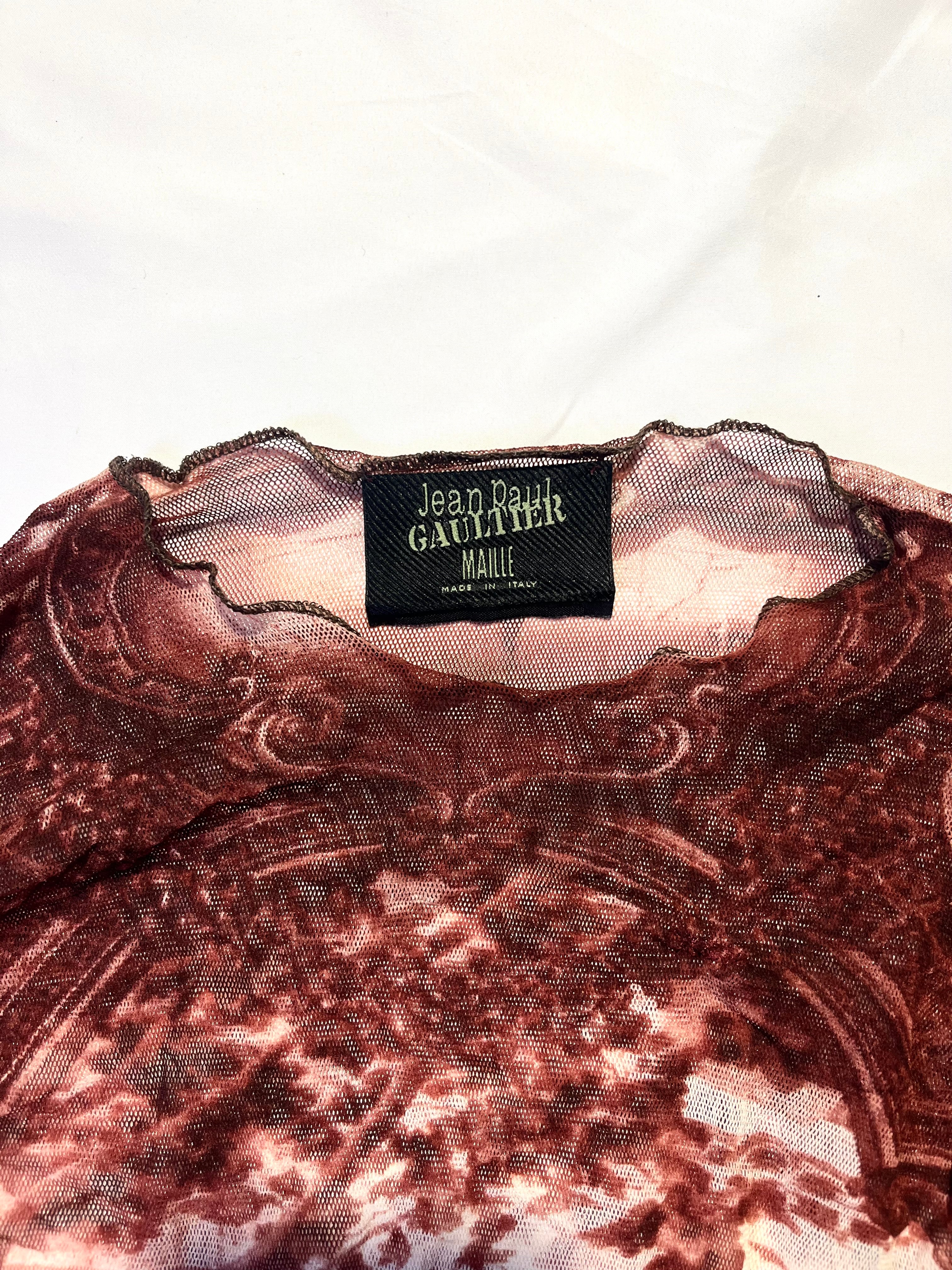 JEAN PAUL GAULTIER 'ETE 1998' FALL VILLAGE PAINTING DARK RED VINTAGE MESH TOP