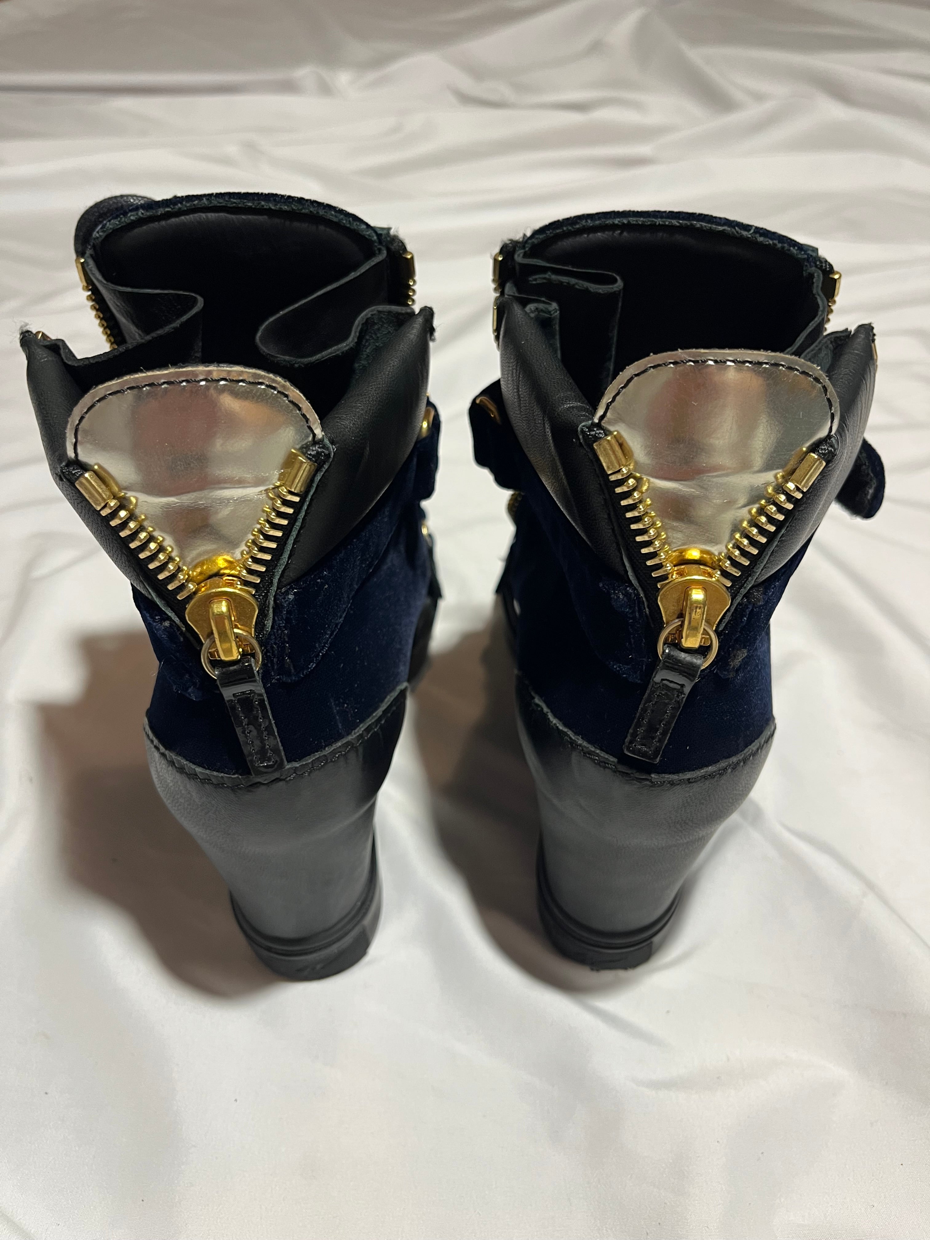 GIUSEPPE ZANOTTI 'COBY' DARK BLUE SATIN WEDGE SNEAKERS IN 38