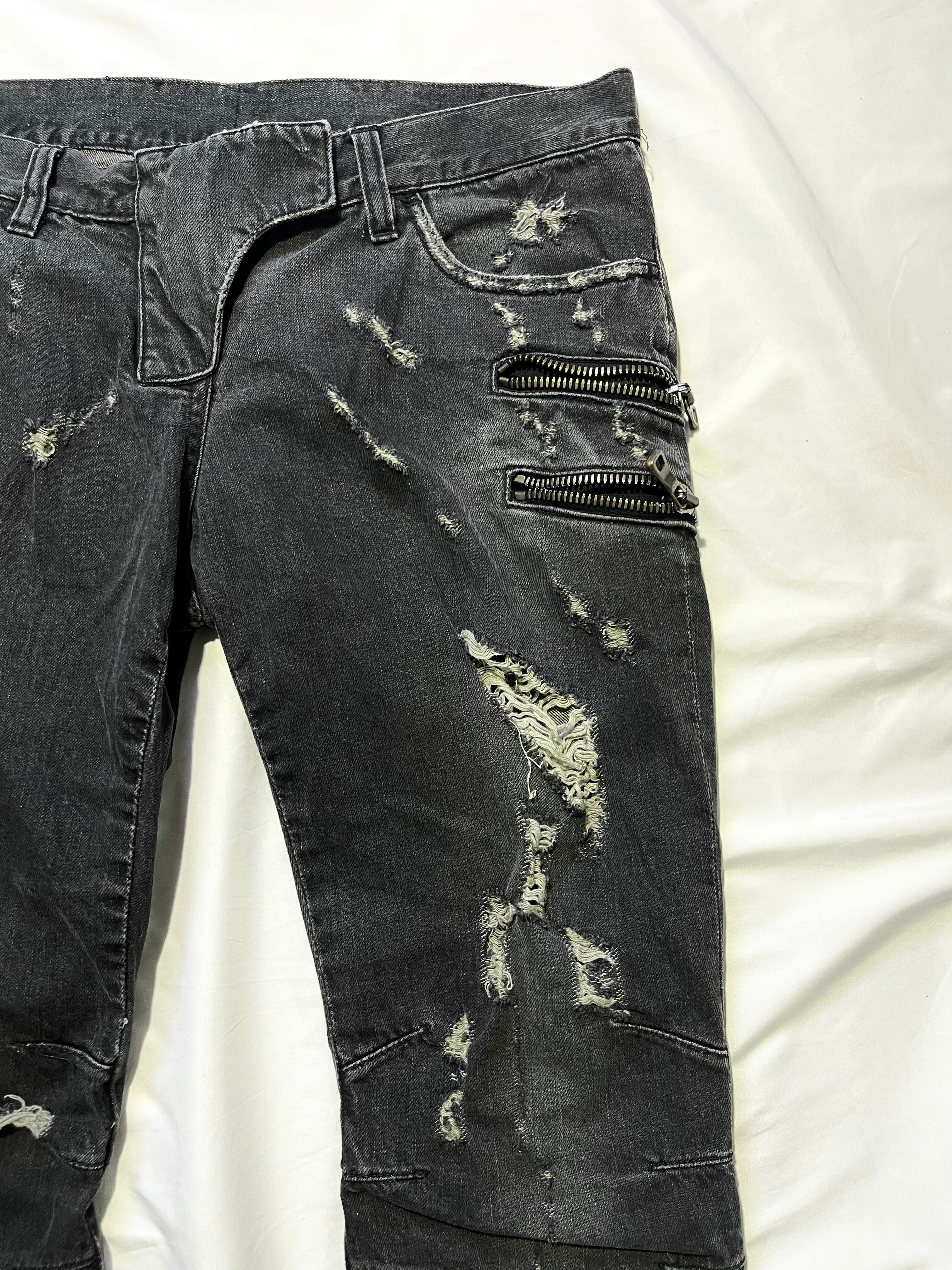 BALMAIN FW11 4 ZIP GREY DISTRESSED BIKER DENIM BY CRISTOPHE DECARNIN