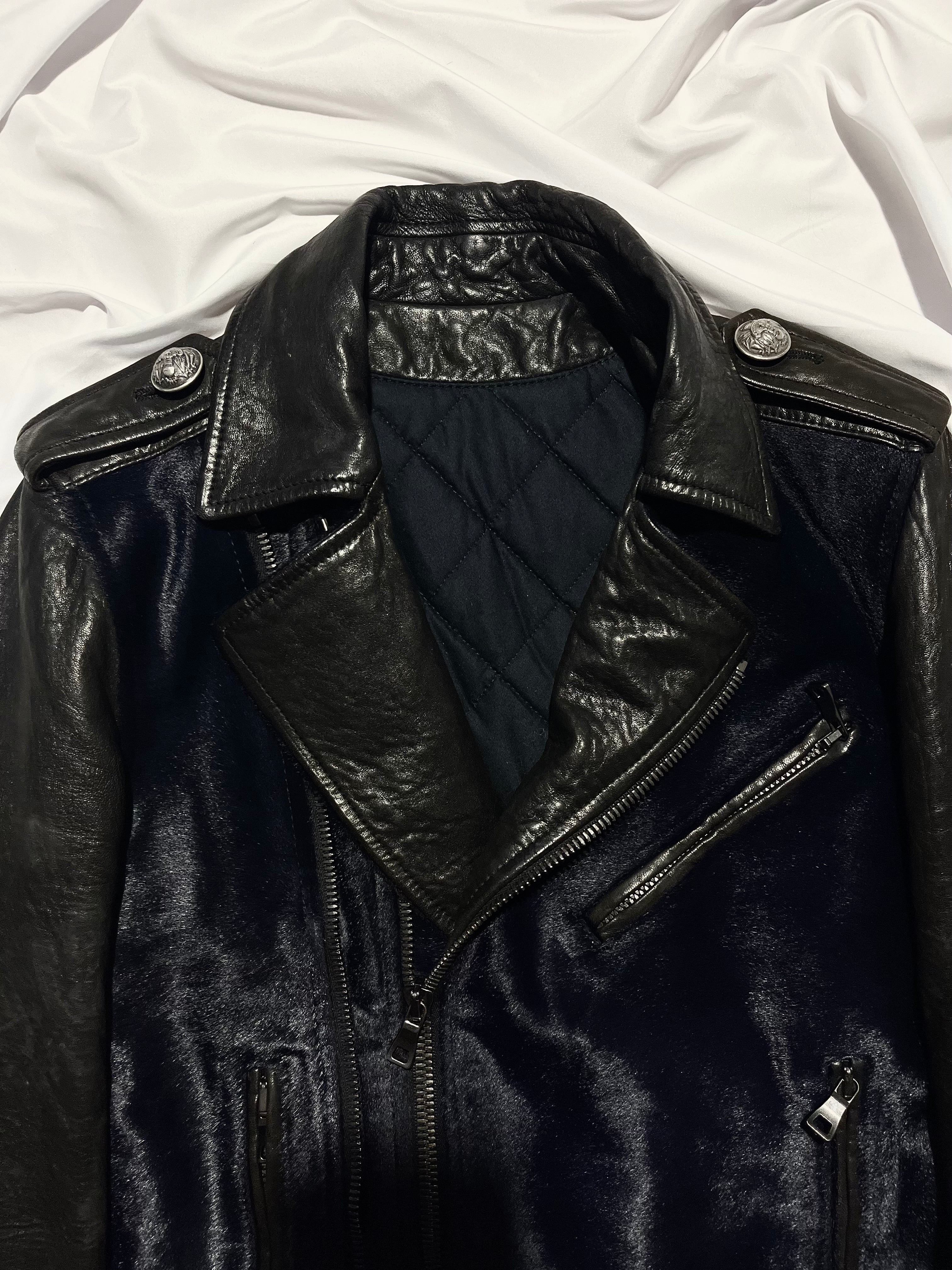 BALMAIN FW12 MIDNIGHT BLUE CALFHAIR AND COWHIDE PERFECTO BIKER JACKET IN 44