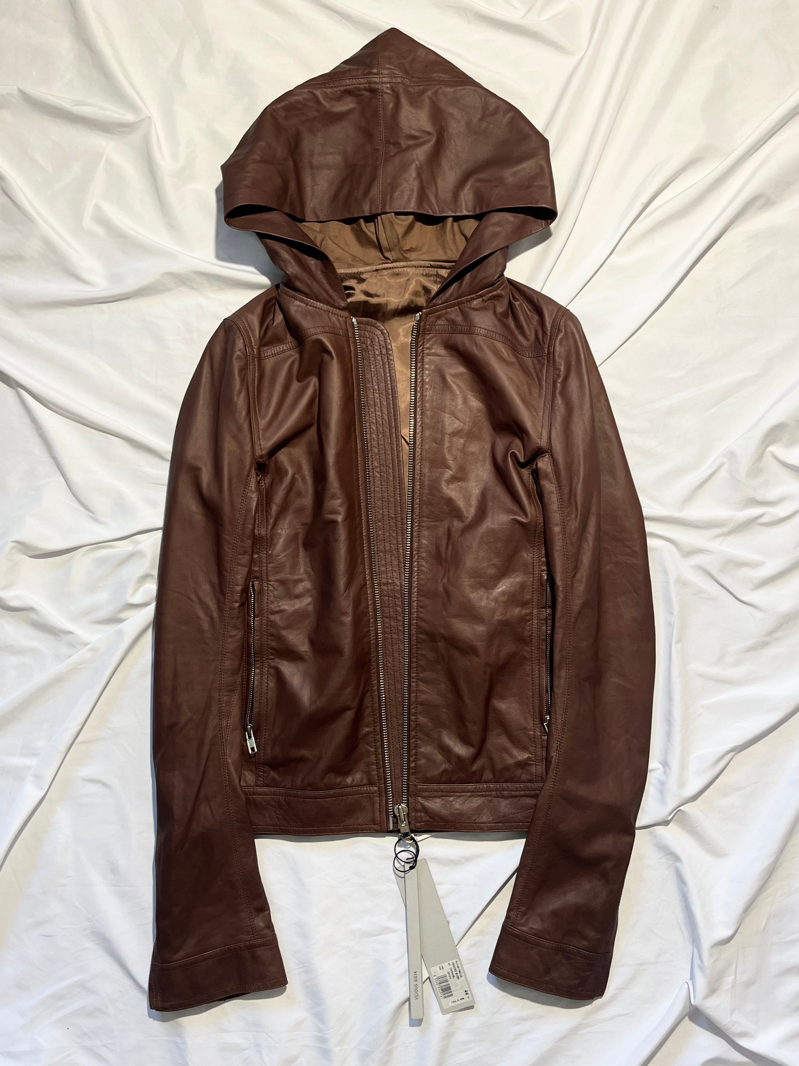 RICK OWENS FW14 "MOODY" HOODED LAMBSKIN JACKET IN CARAMEL SIZE 46IT