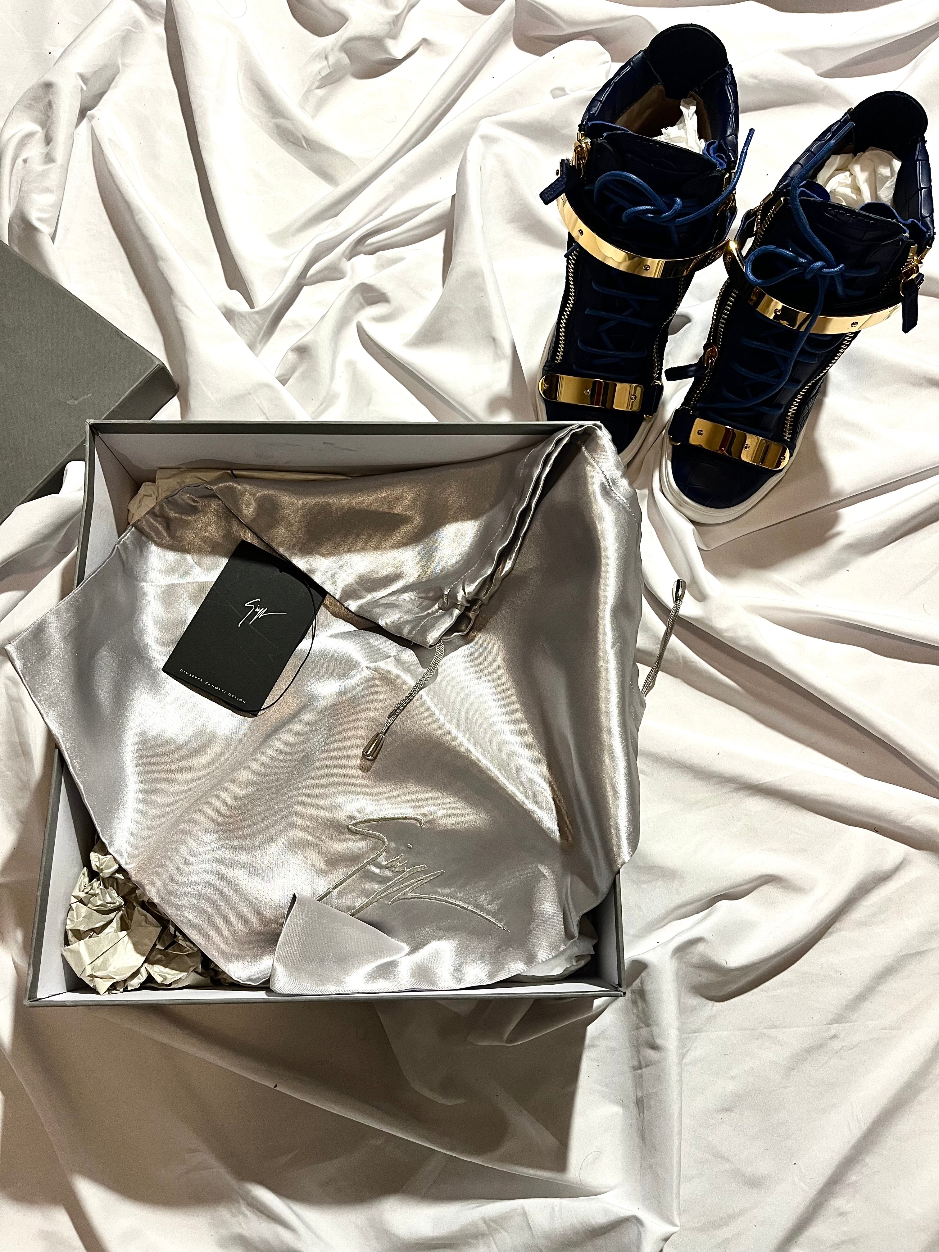 GIUSEPPE ZANOTTI 'COBY' ROYAL BLUE CROCODILE WEDGE SNEAKERS IN 37