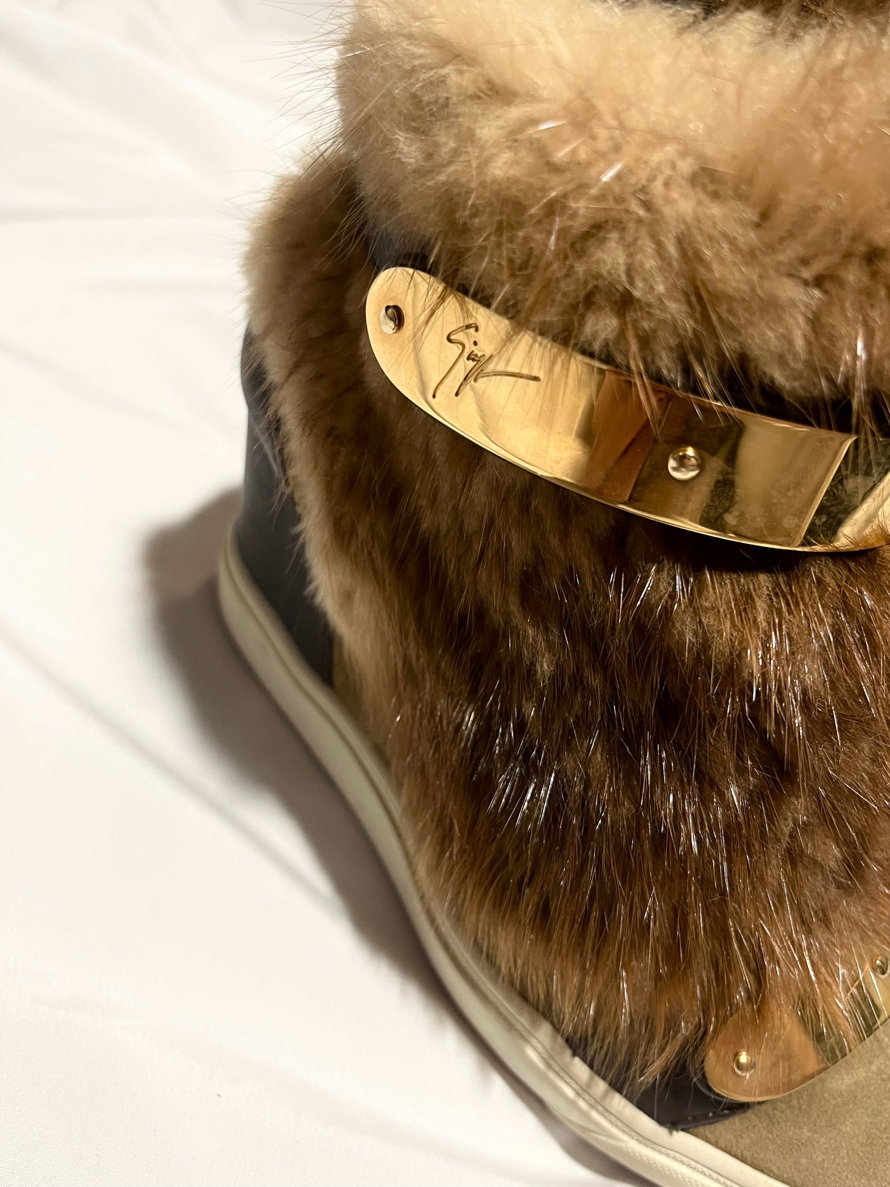 GIUSEPPE ZANOTTI 'COBY' BROWN/GOLD FUR WEDGE SNEAKERS IN 35