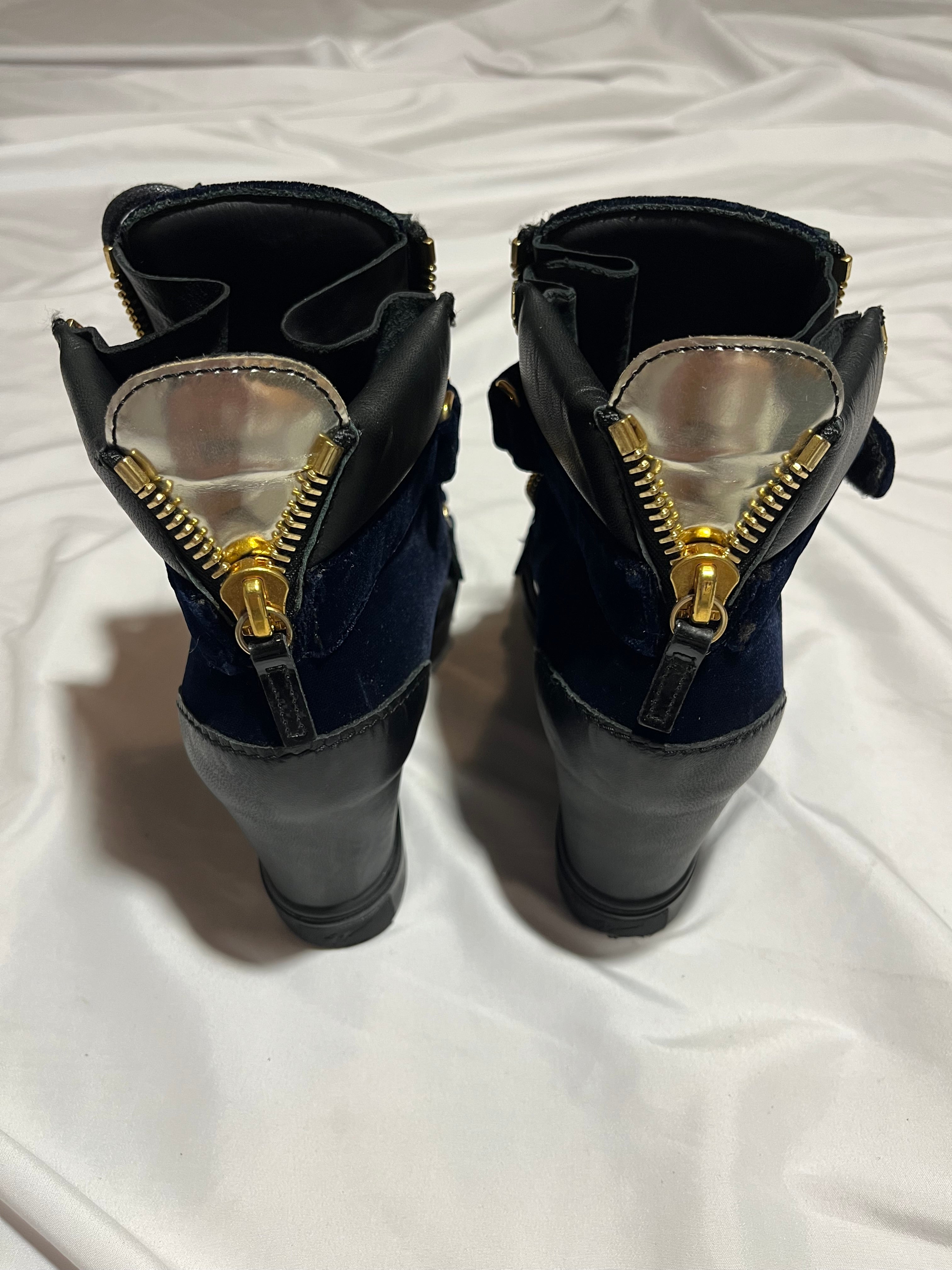 GIUSEPPE ZANOTTI 'COBY' DARK BLUE SATIN WEDGE SNEAKERS IN 38