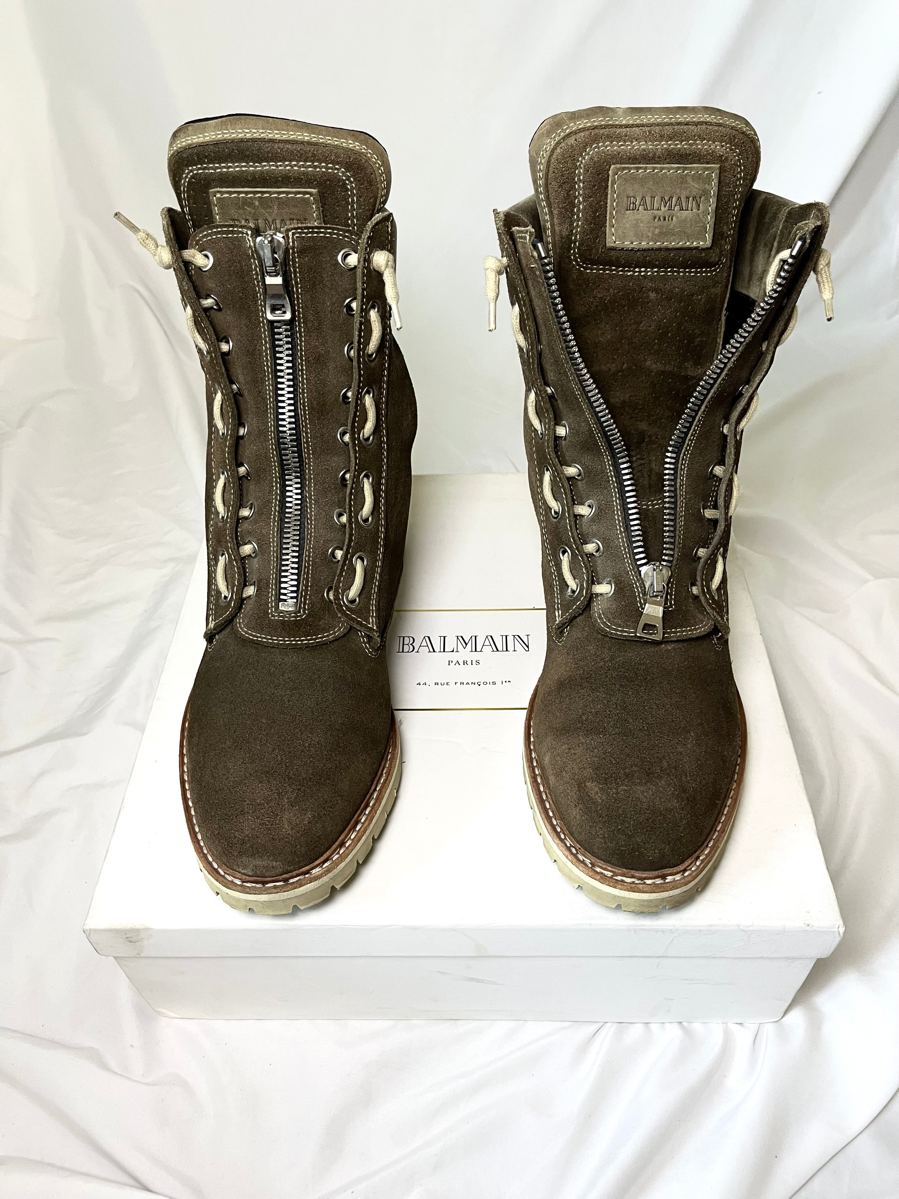BALMAIN BROWN SUEDE ZIP RANGER BOOTS IN 45