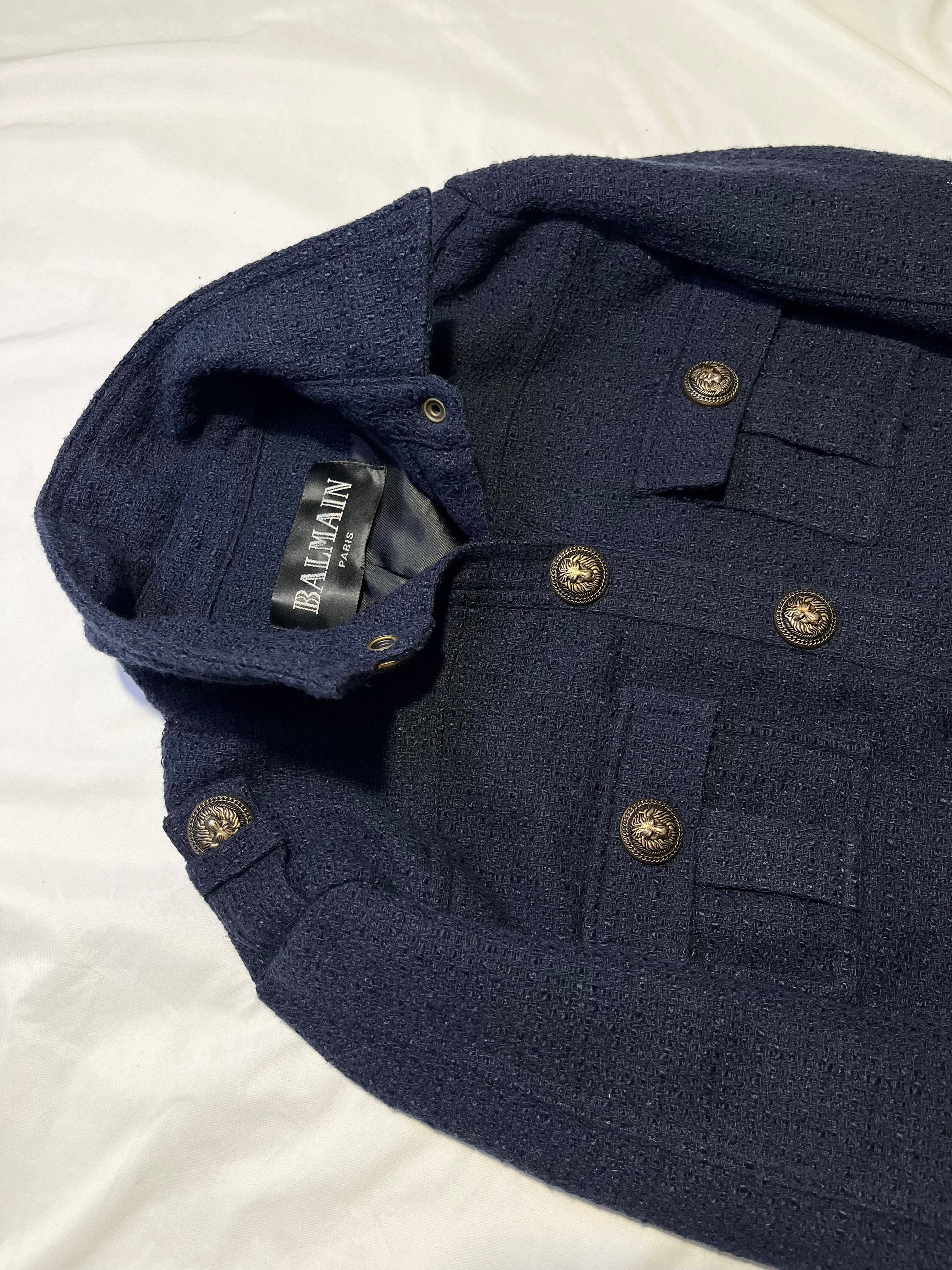 BALMAIN MILITARY STRAP TWEED JACKET IN NAVY