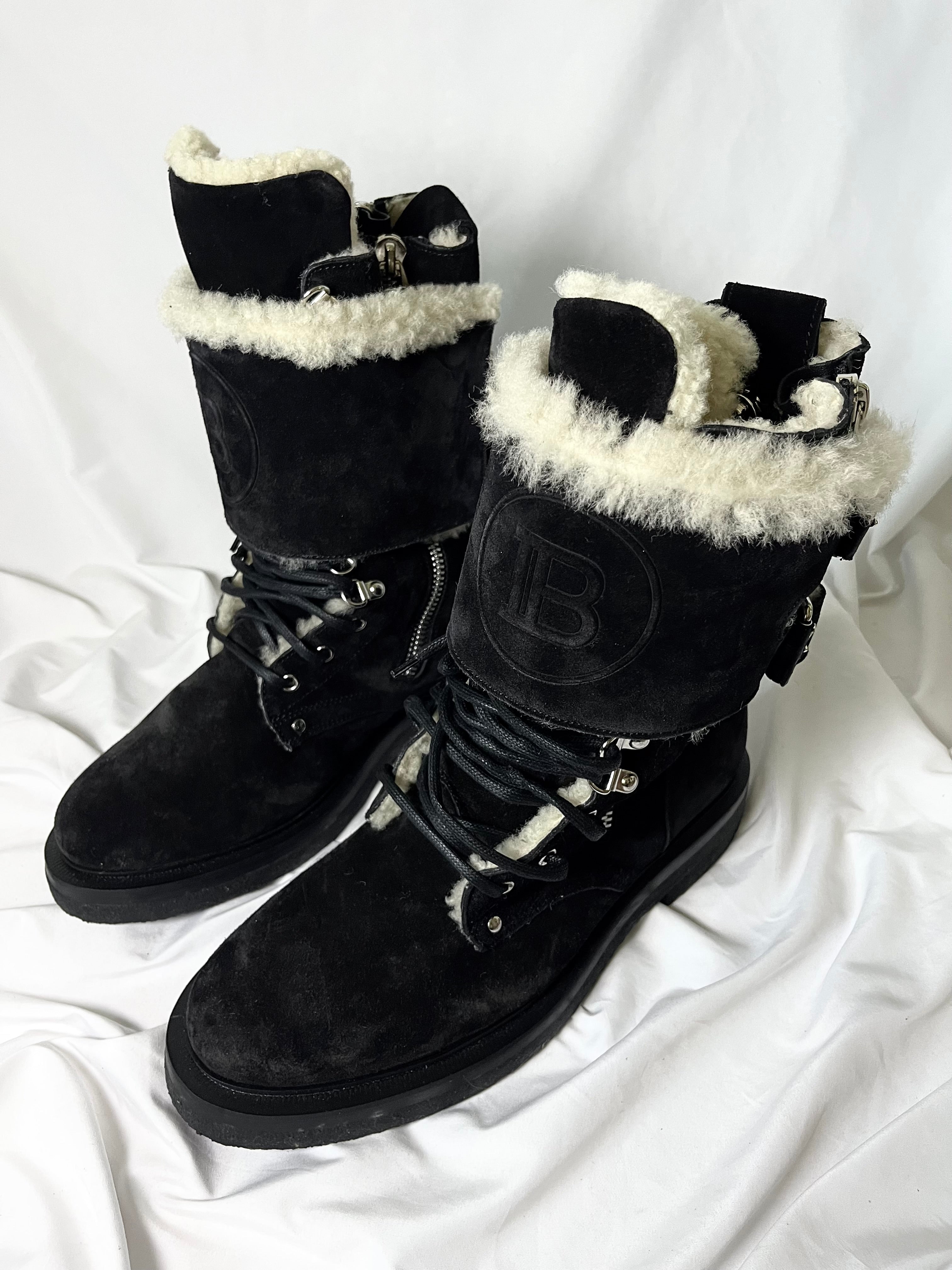 BALMAIN BLACK SUEDE SHEARLING LINED RANGER BOOTS IN 43