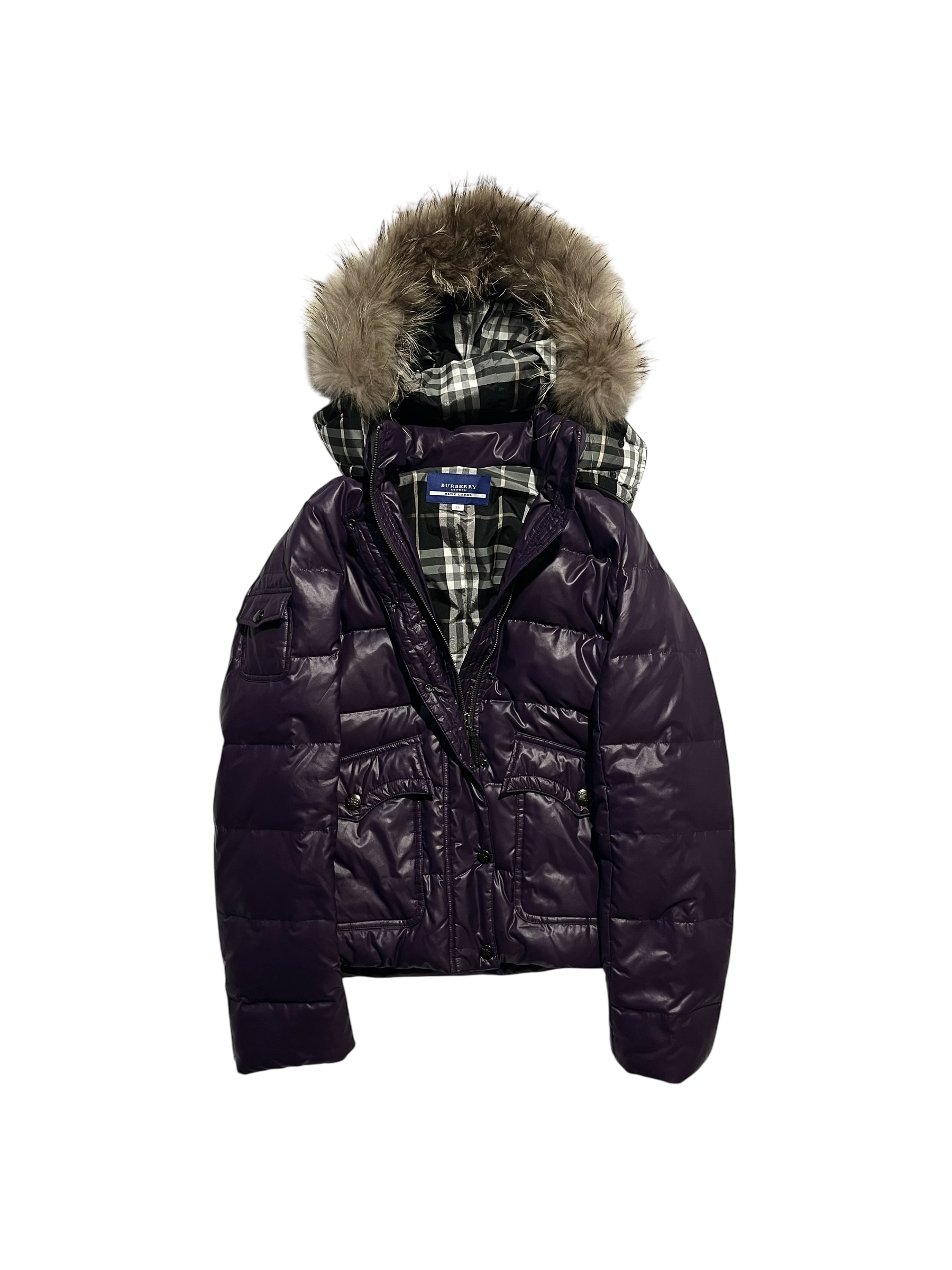 BURBERRY BLUE LABEL 2009 REAL FUR NOVA CHECK PUFFER DOWN JACKET