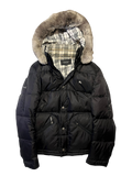 BURBERRY BLACK LABEL 2009 BLACK REAL FUR OG NOVA CHECK PUFFER DOWN JACKET