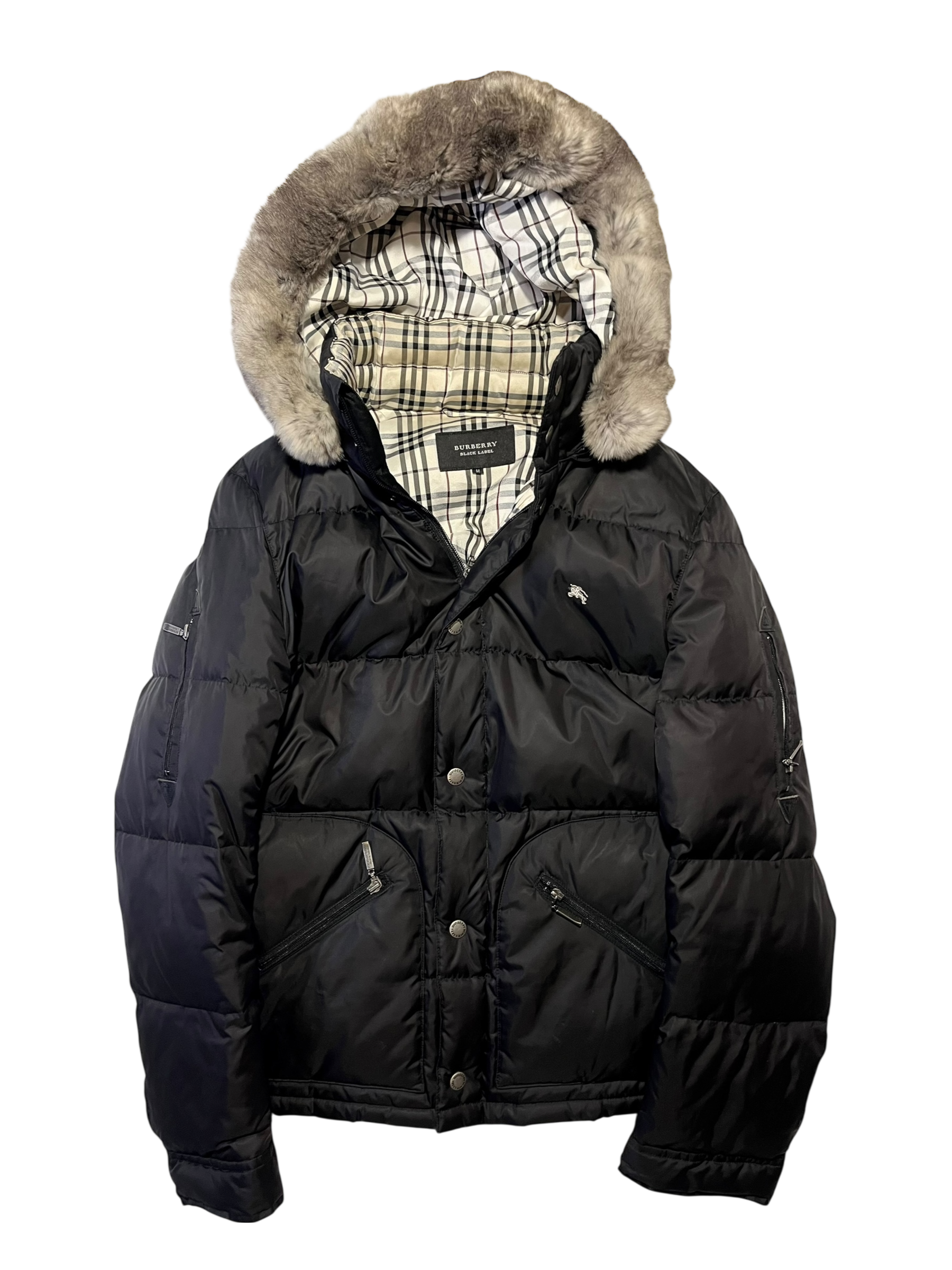 BURBERRY BLACK LABEL 2009 BLACK REAL FUR OG NOVA CHECK PUFFER DOWN JACKET
