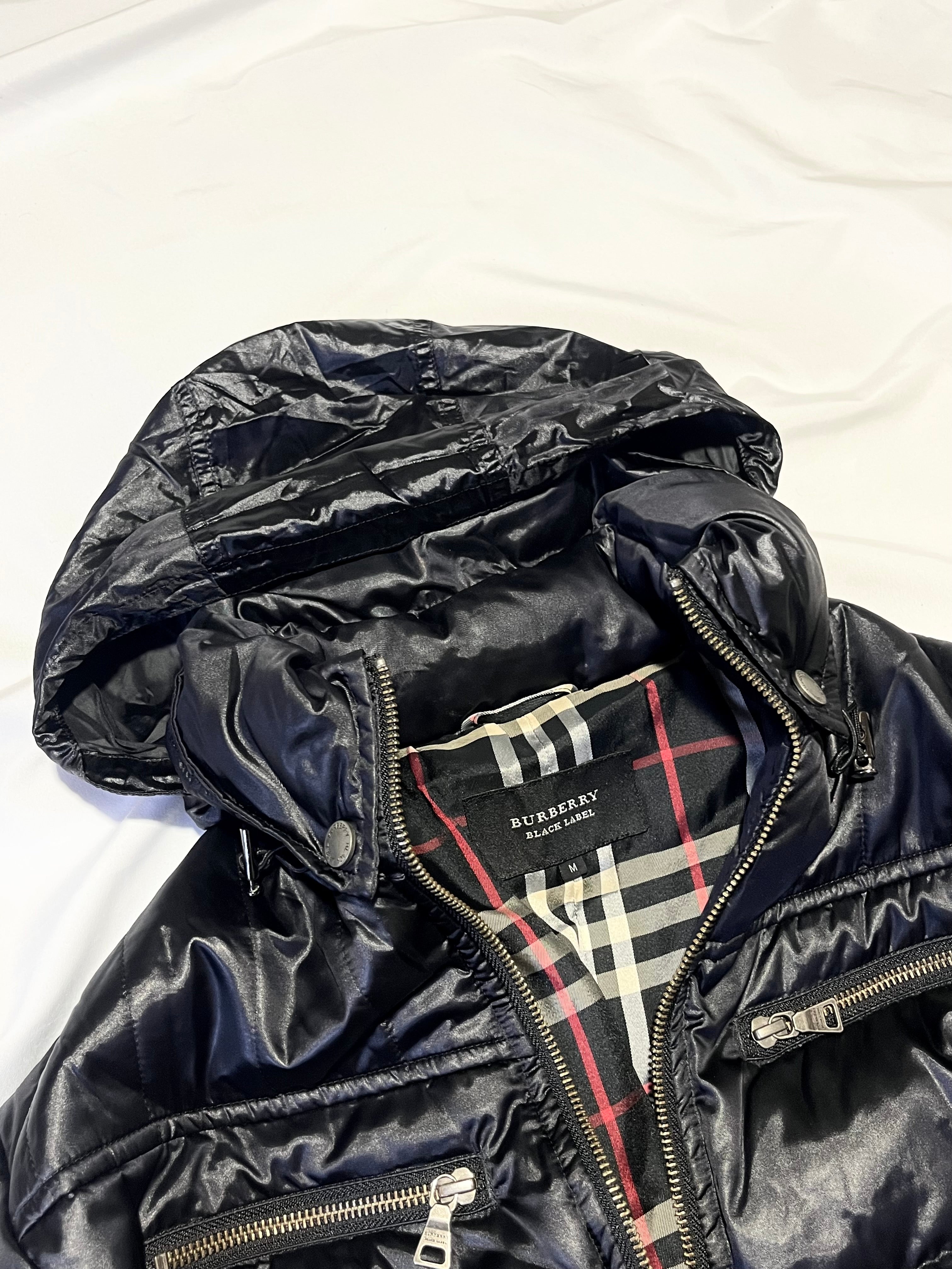 BURBERRY BLACK LABEL BLACK NOVA CHECK HOODED DOWN JACKET