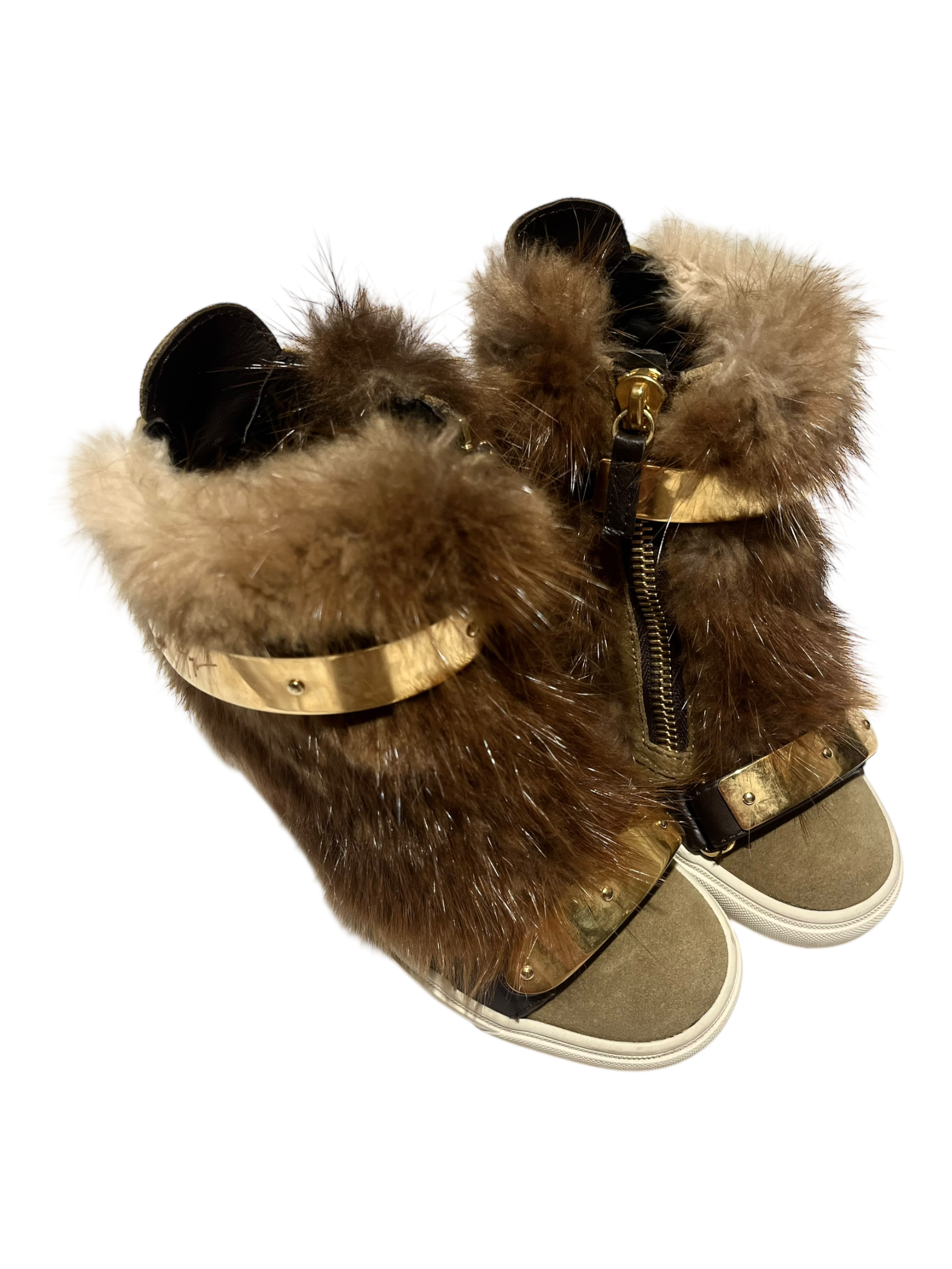 GIUSEPPE ZANOTTI 'COBY' BROWN/GOLD FUR WEDGE SNEAKERS IN 35