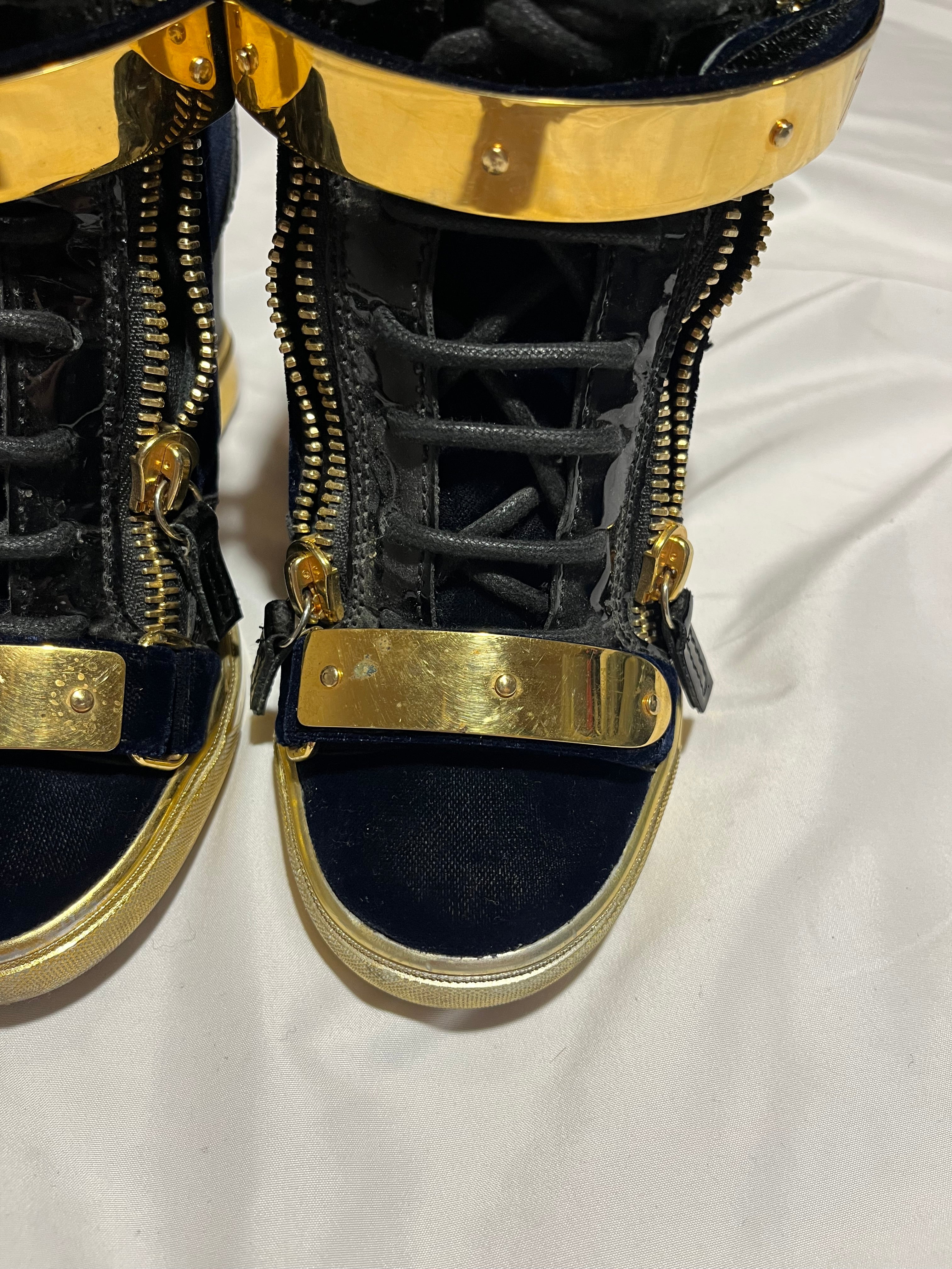 GIUSEPPE ZANOTTI 'COBY' DARK BLUE SATIN WEDGE SNEAKERS IN 36