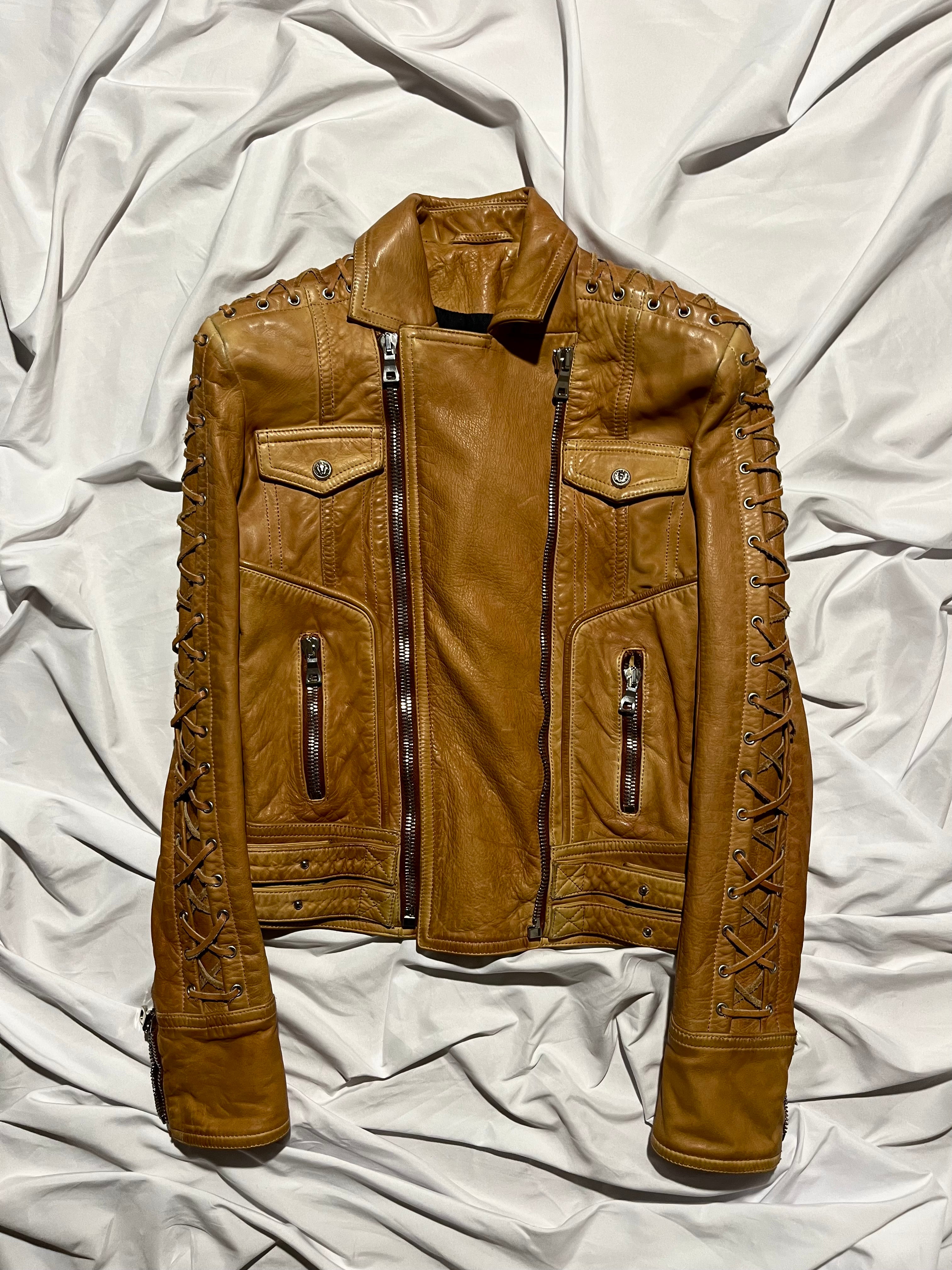 BALMAIN STITCHED SLEEVES PERFECTO BIKER JACKET IN 36 BY OLIVIER ROUSTEING