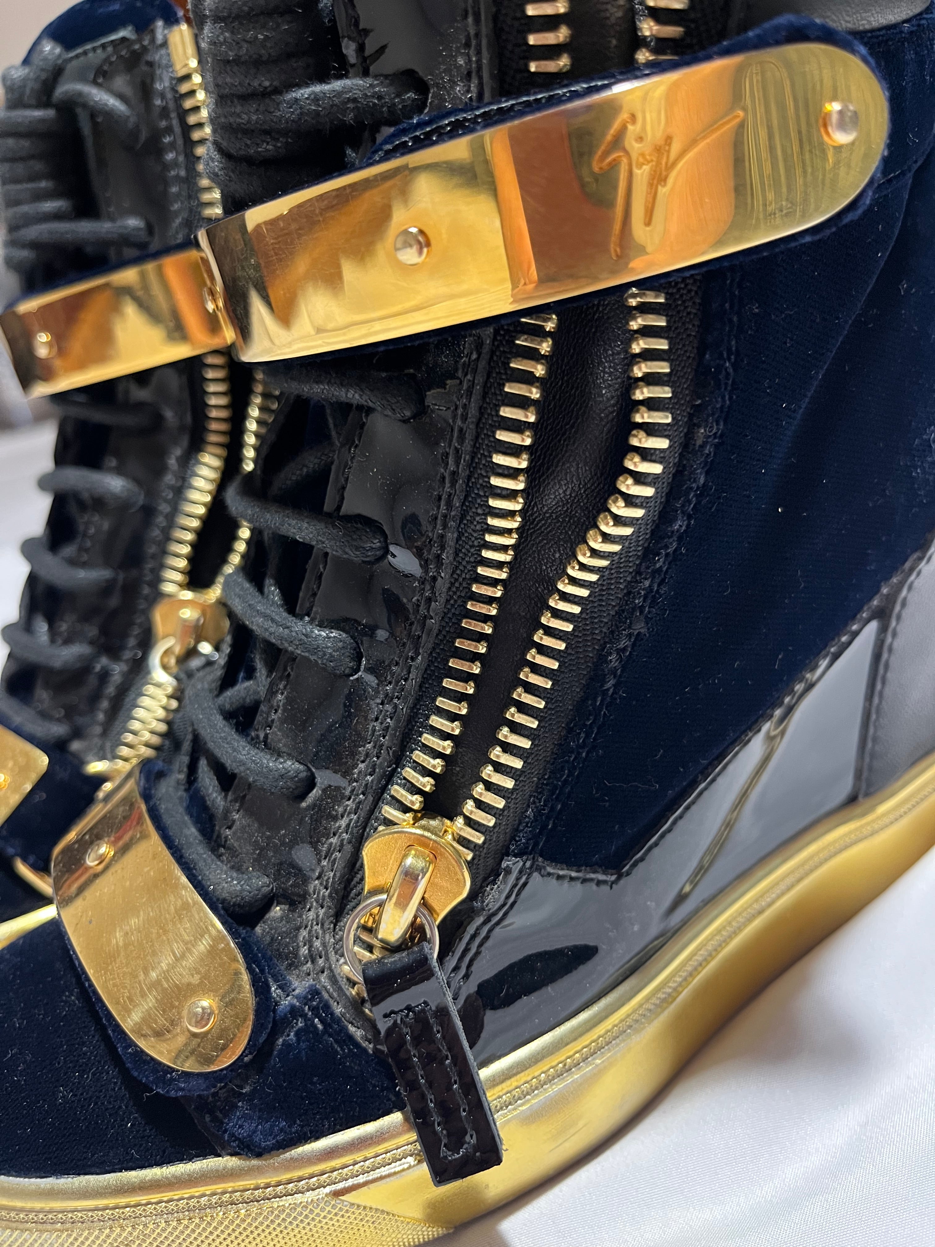 GIUSEPPE ZANOTTI 'COBY' DARK BLUE SATIN WEDGE SNEAKERS IN 36