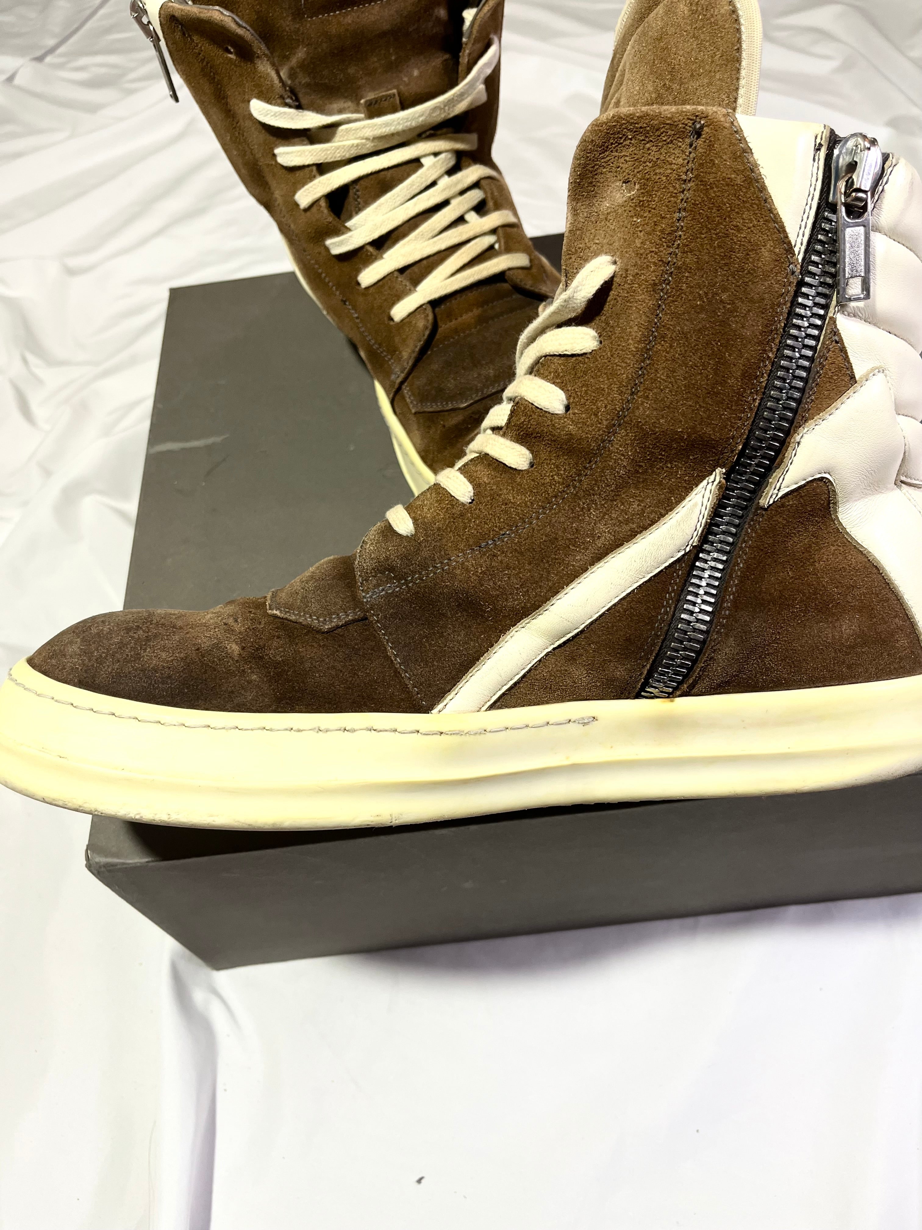 RICK OWENS BROWN/MILK SUEDE LEATHER GEOBASKETS