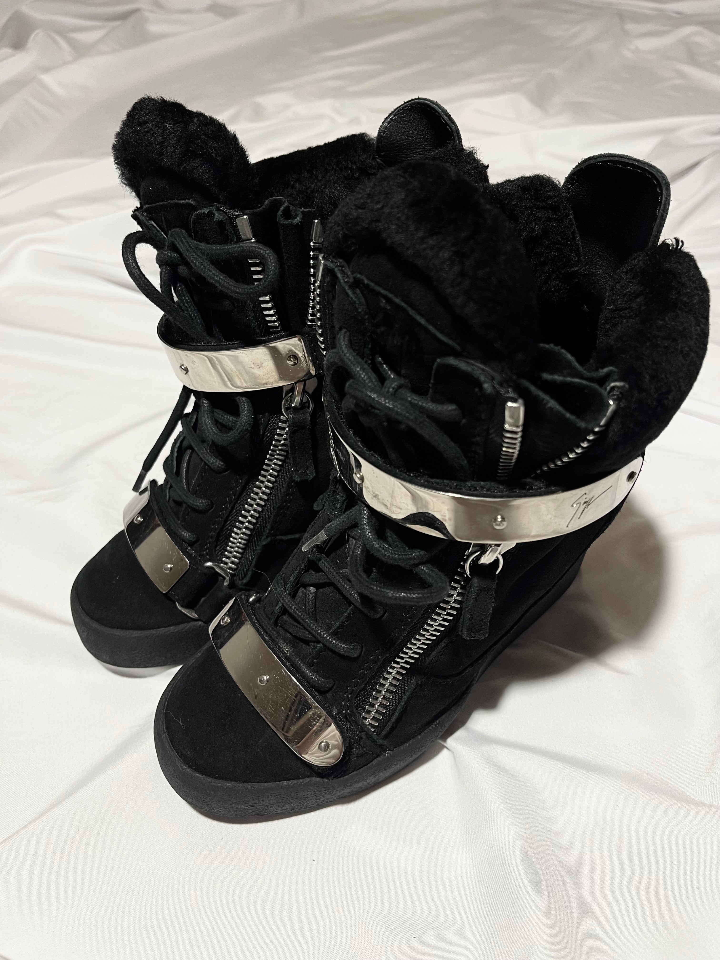 GIUSEPPE ZANOTTI 'COBY' BLACK / SILVER SHEARLING WEDGE SNEAKERS IN 36