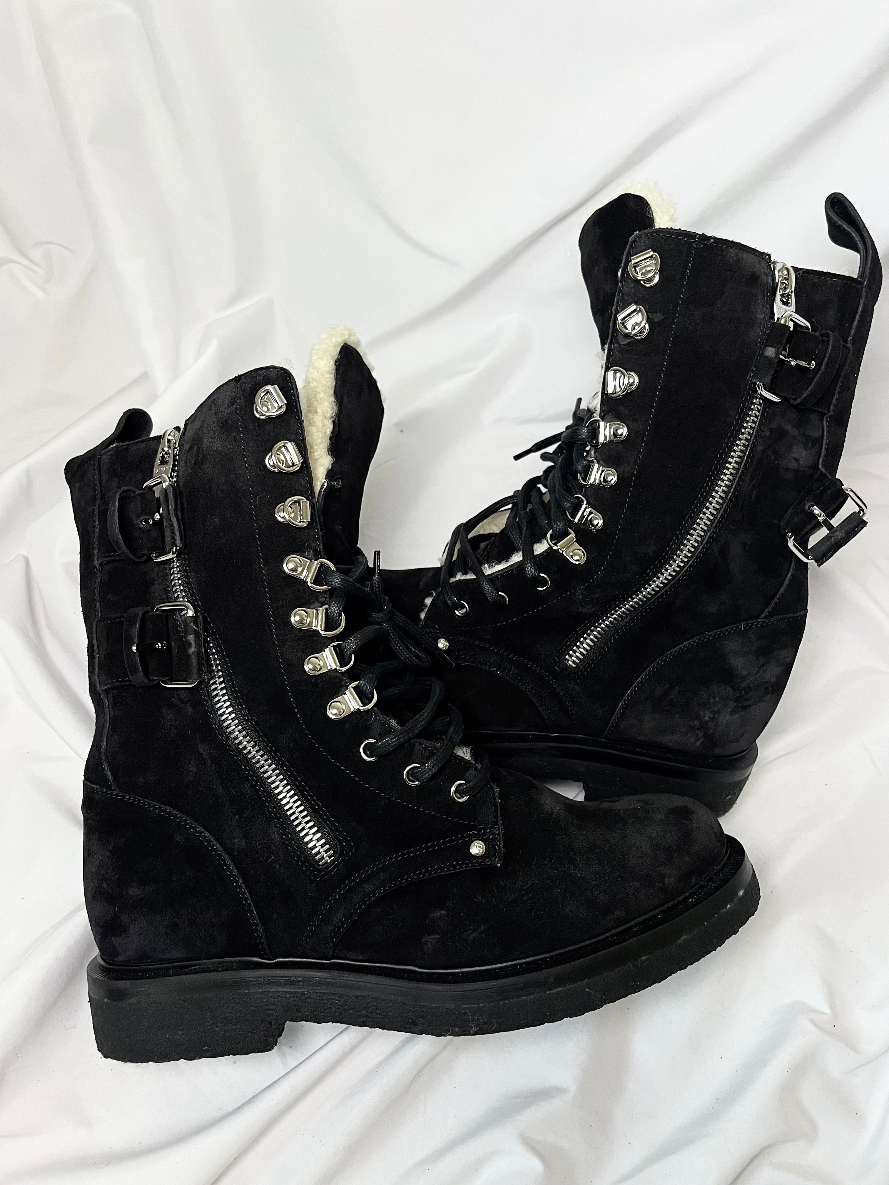 BALMAIN BLACK SUEDE SHEARLING LINED RANGER BOOTS IN 43