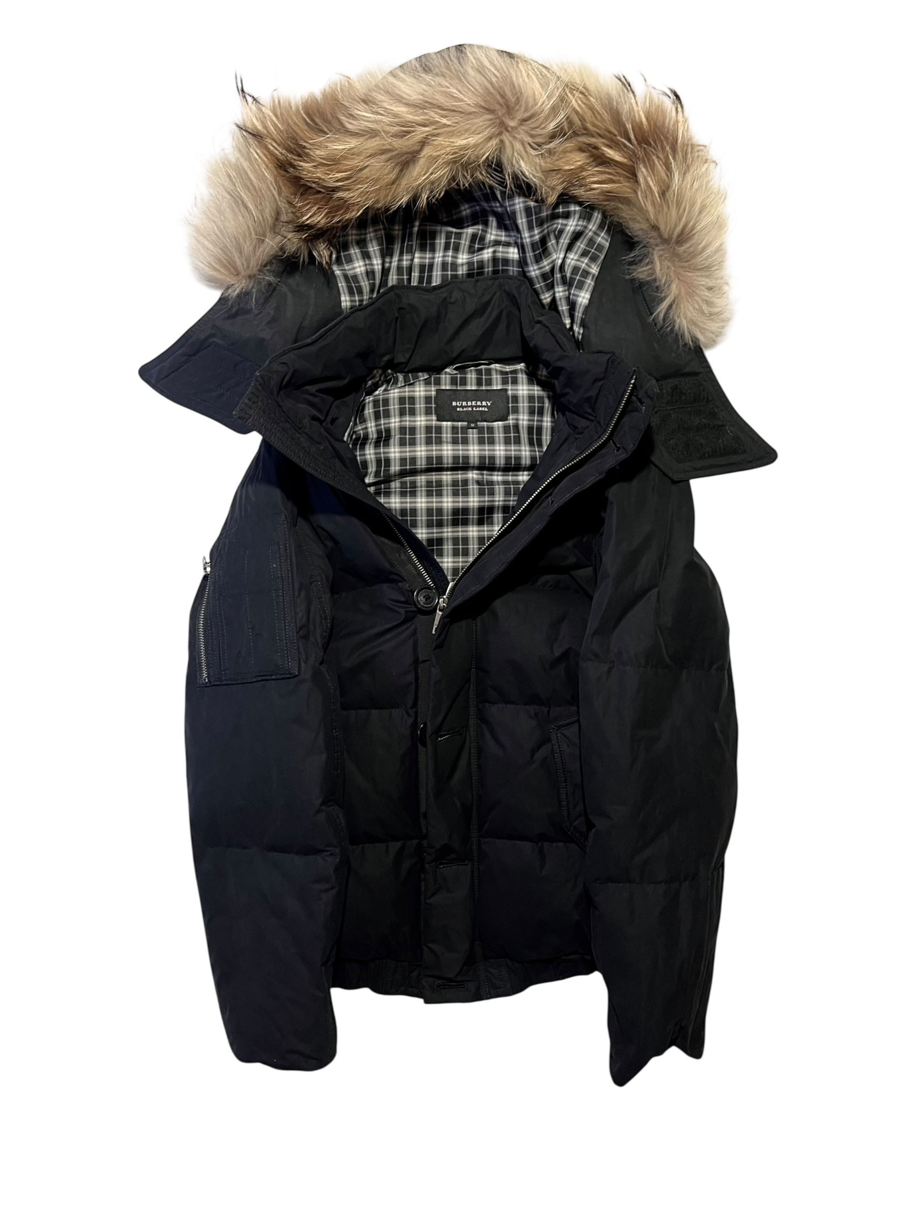BURBERRY BLACK LABEL 2009 REAL FUR NOVA CHECK PUFFER DOWN JACKET