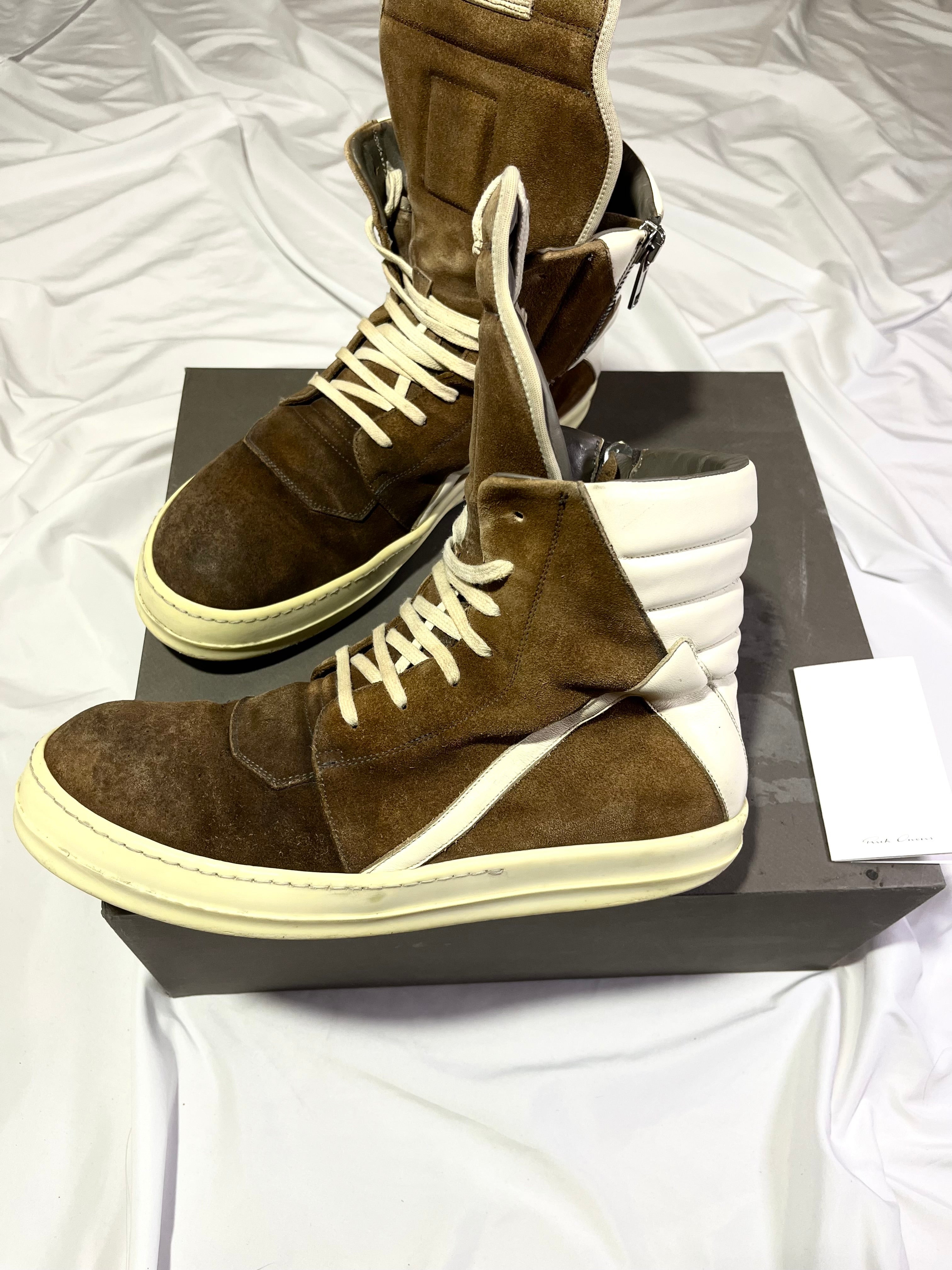 RICK OWENS BROWN/MILK SUEDE LEATHER GEOBASKETS