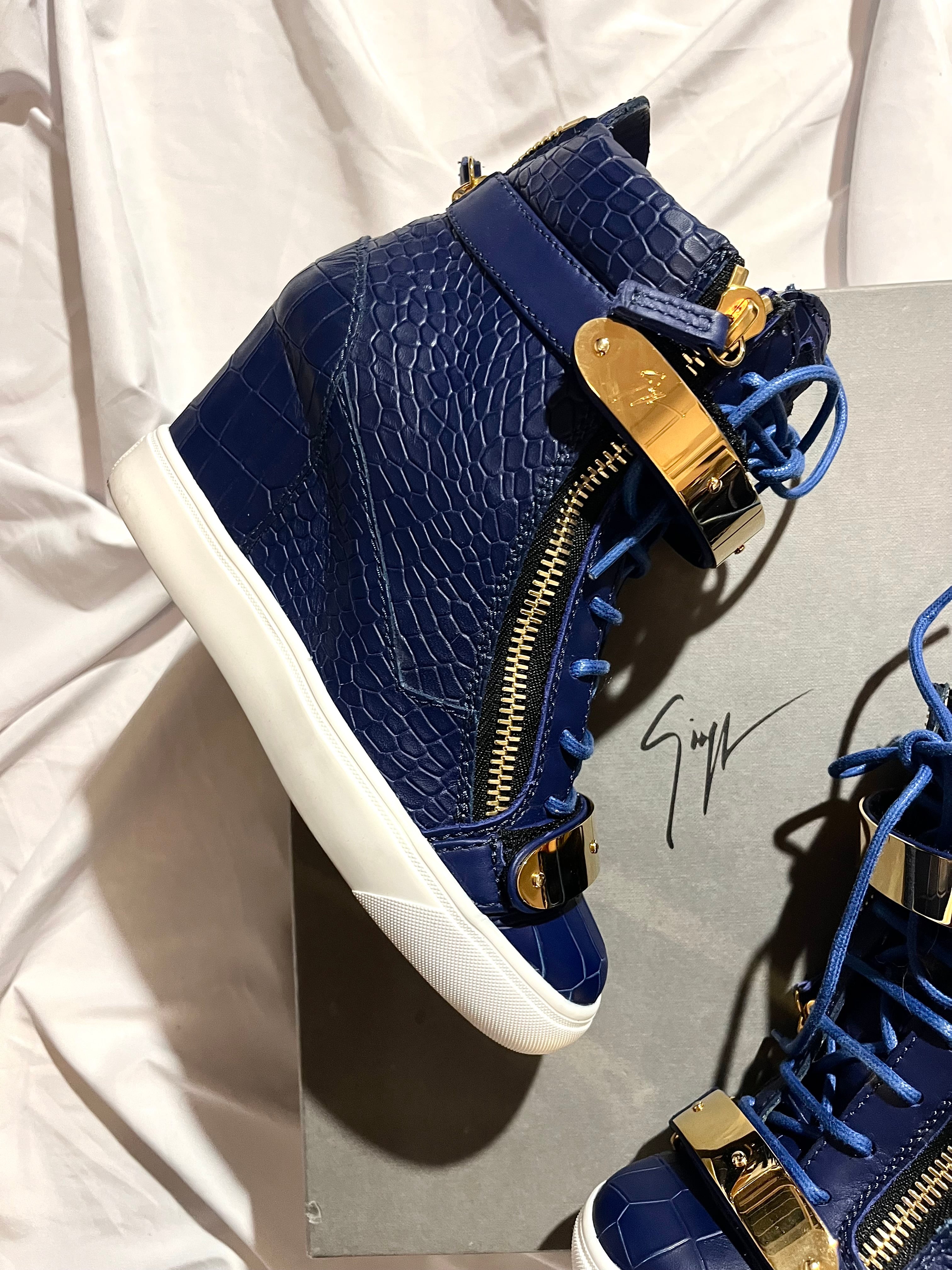 GIUSEPPE ZANOTTI 'COBY' ROYAL BLUE CROCODILE WEDGE SNEAKERS IN 37