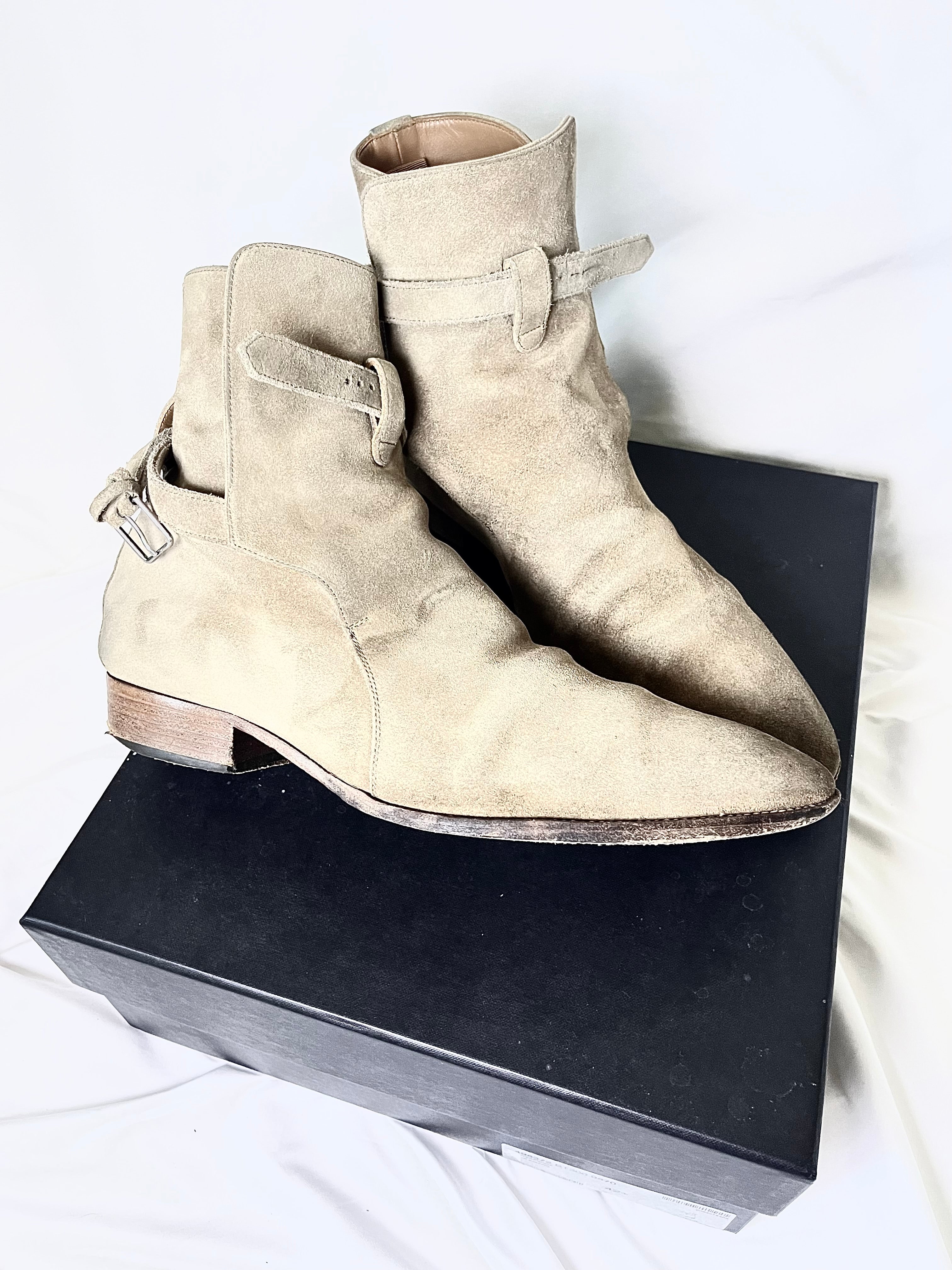 SAINT LAURENT PARIS KHAKI SUEDE LEATHER "JODHPUR" STRAP BOOTS IN 42