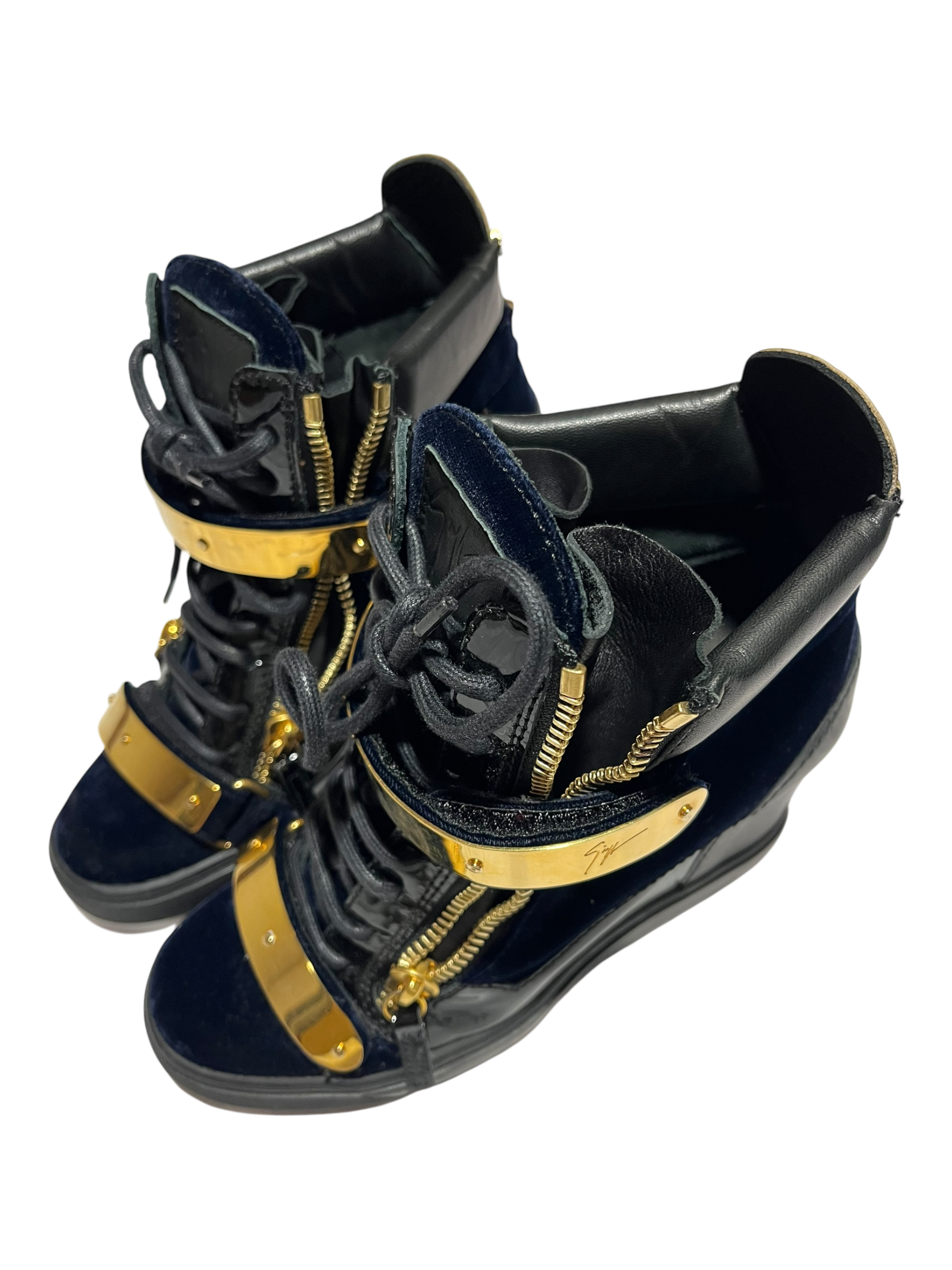 GIUSEPPE ZANOTTI 'COBY' DARK BLUE SATIN WEDGE SNEAKERS IN 38