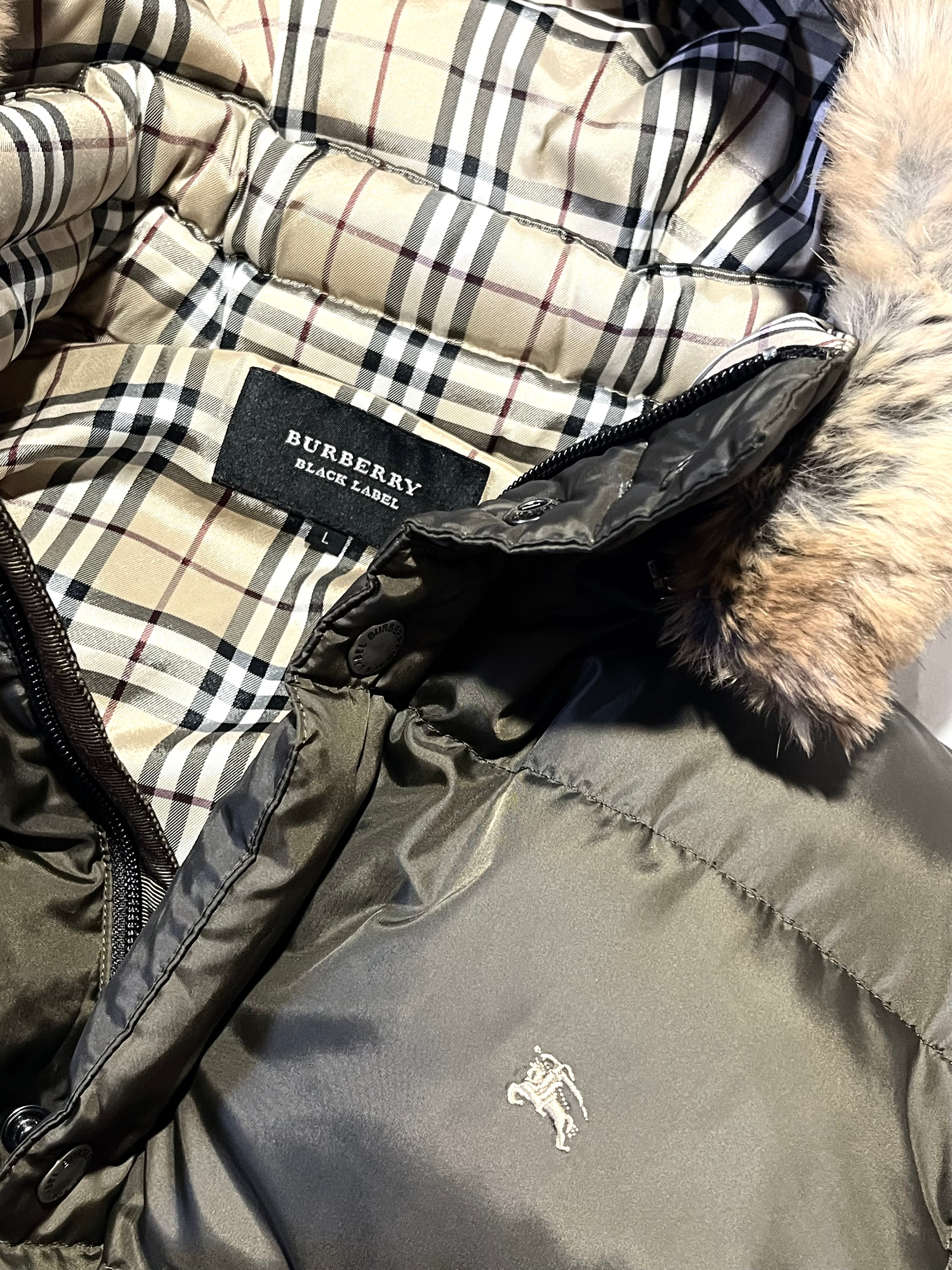BURBERRY BLACK LABEL 2009 DARK GREEN REAL FUR OG NOVA CHECK PUFFER DOWN JACKET