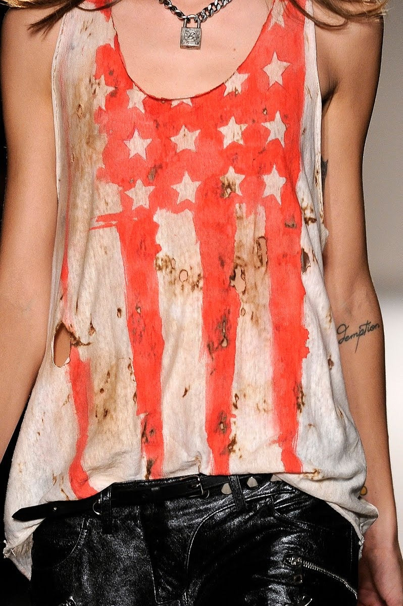 BALMAIN SS11 STARS AND STRIPES US FLAG BURNT DISTRESSED TANK TOP BY CRISTOPHE DECARNIN