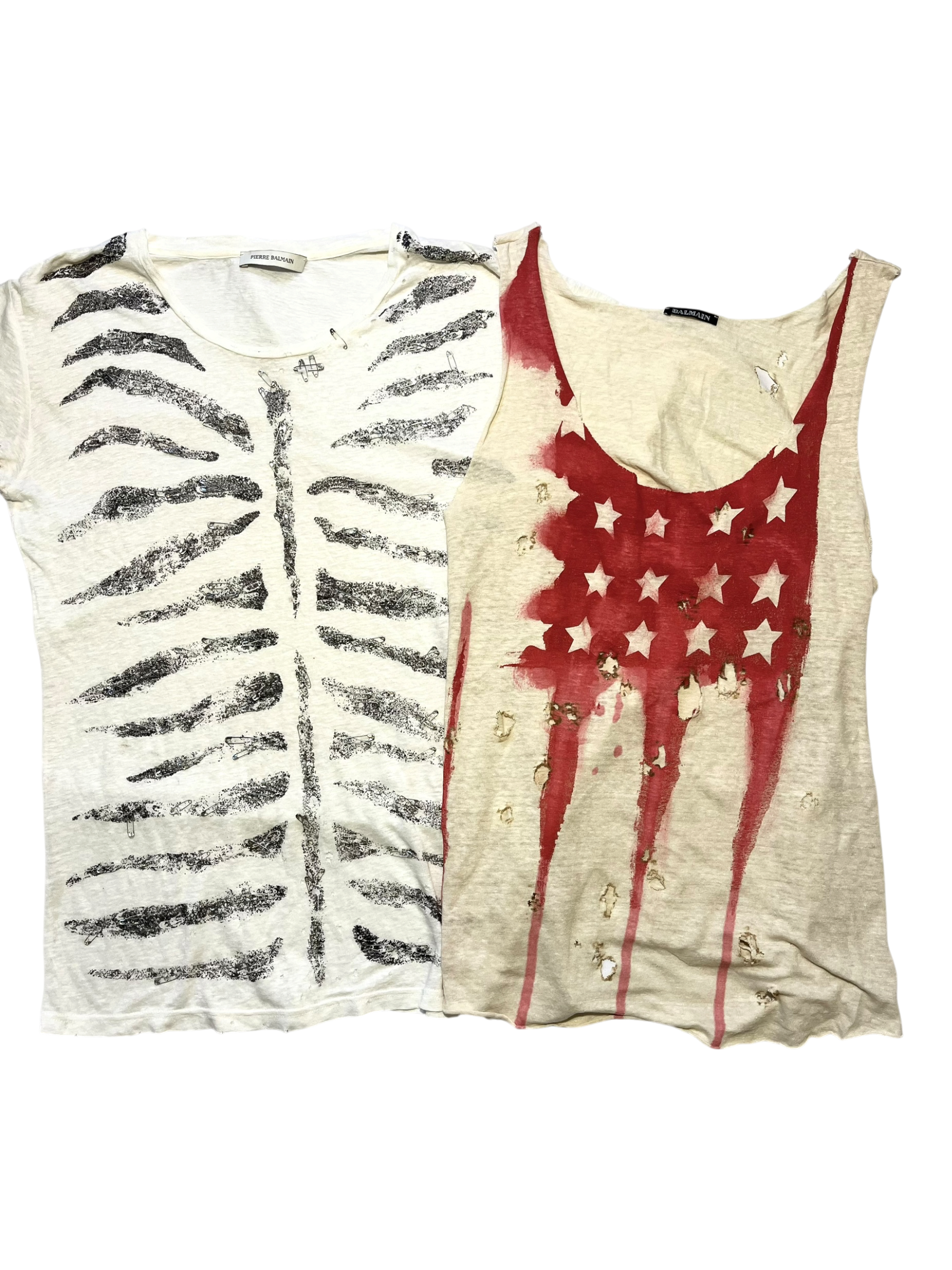 PIERRE BALMAIN "RIBCAGE" DISTRESSED SAFETY PIN T-SHIRT
