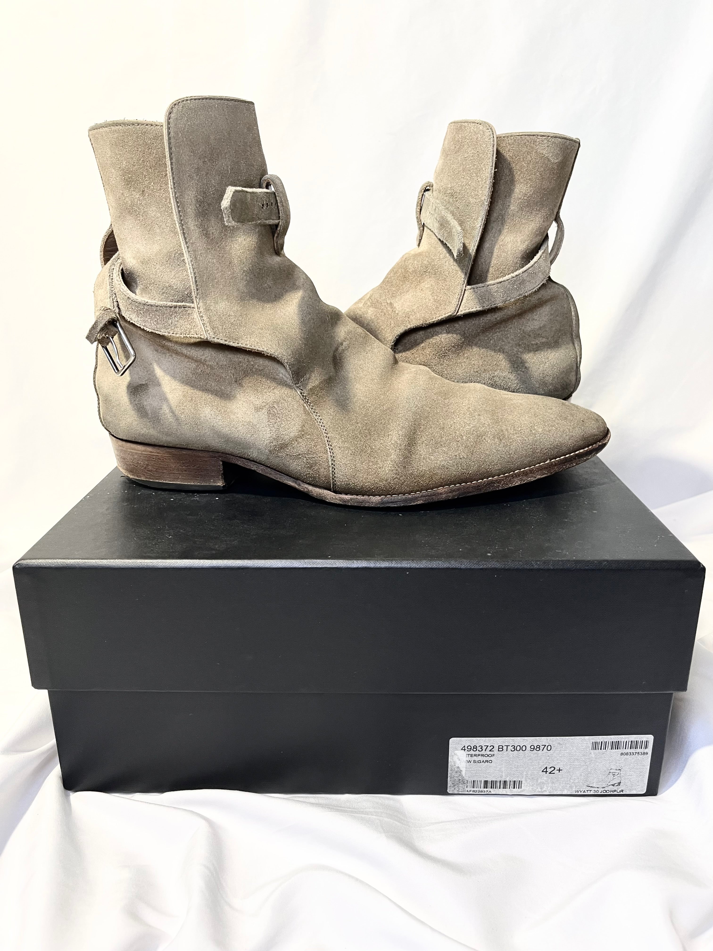 SAINT LAURENT PARIS KHAKI SUEDE LEATHER "JODHPUR" STRAP BOOTS IN 42