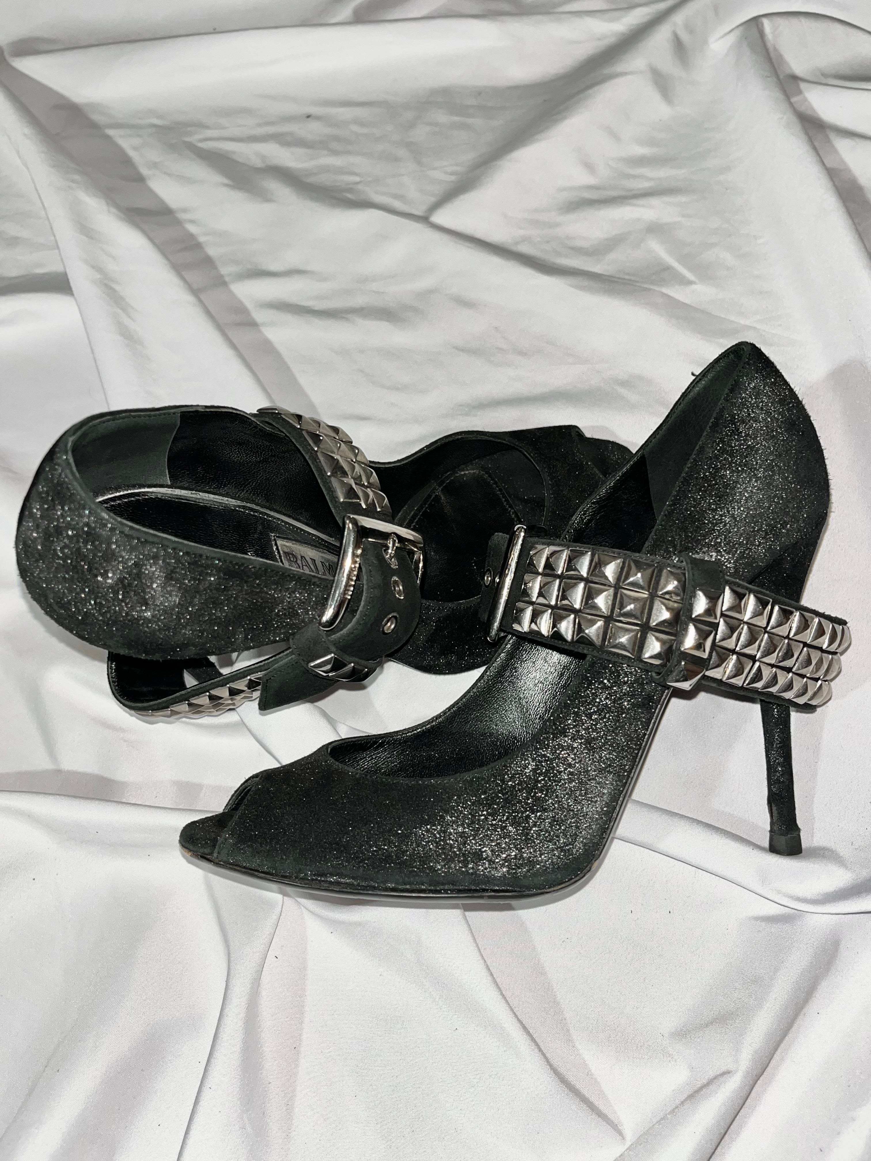 BALMAIN SS11 BELTED GLITTER HEELS BY CHRISTOPHE DECARNIN IN 38