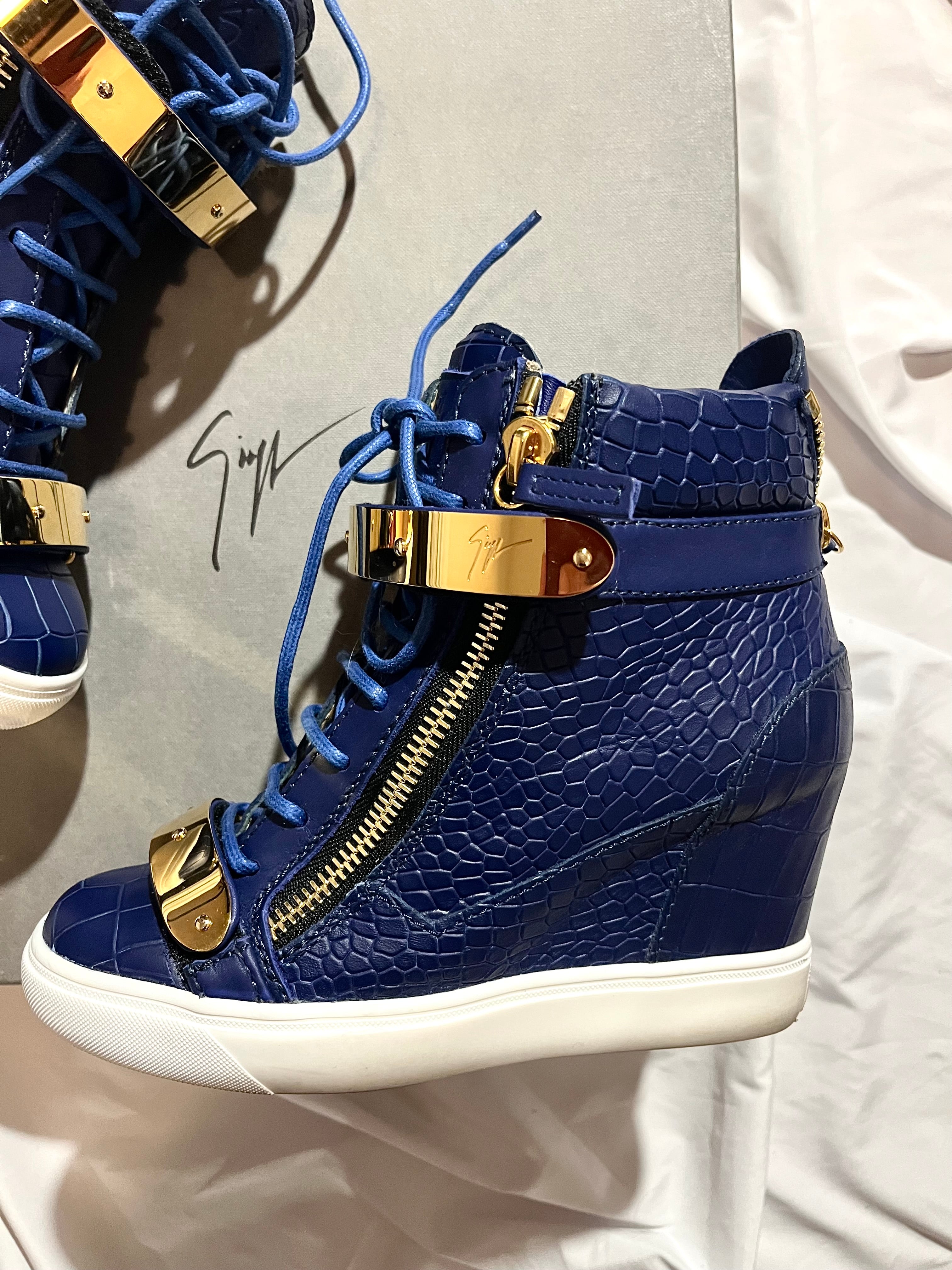 GIUSEPPE ZANOTTI 'COBY' ROYAL BLUE CROCODILE WEDGE SNEAKERS IN 37
