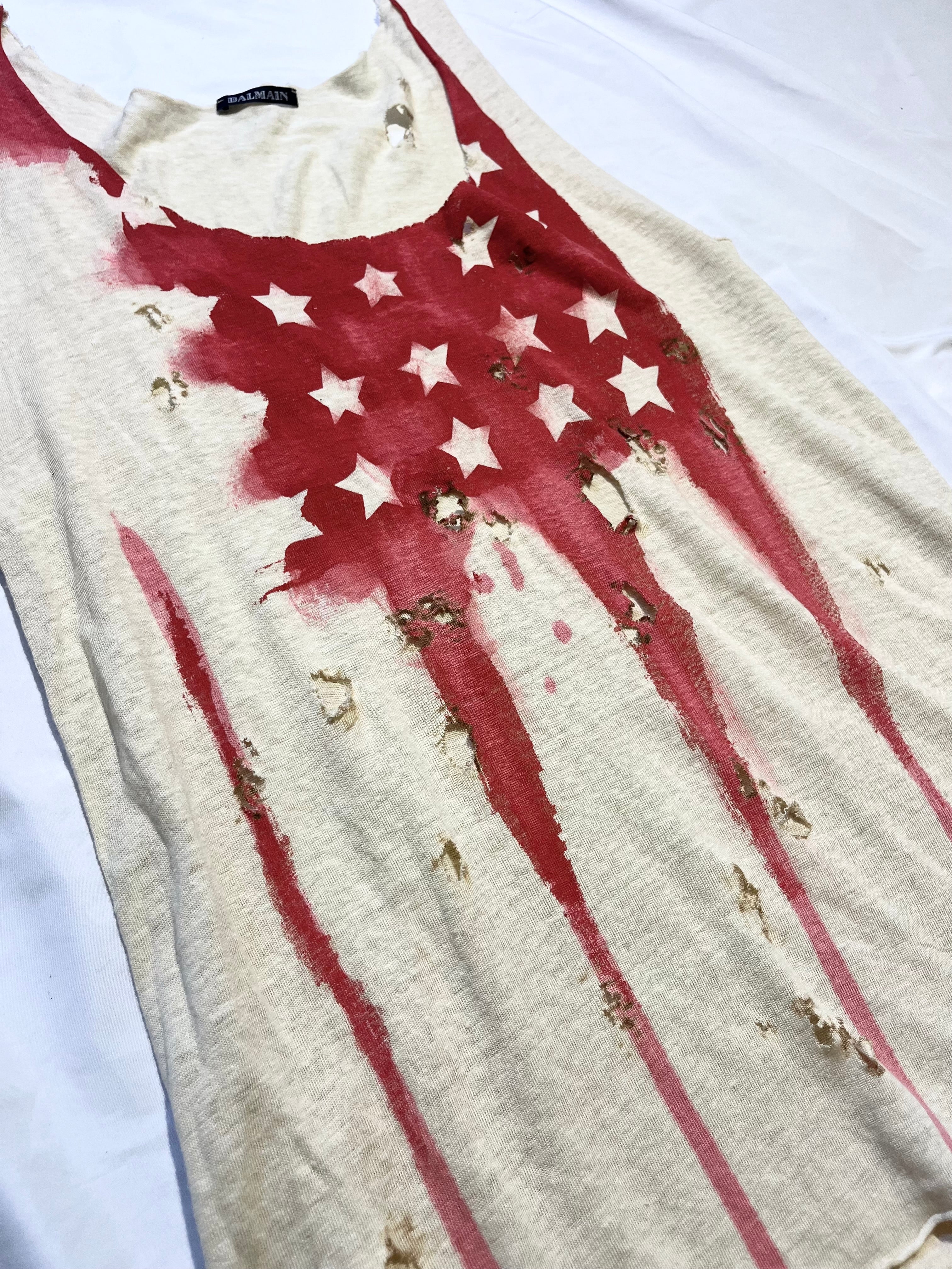 BALMAIN SS11 STARS AND STRIPES US FLAG BURNT DISTRESSED TANK TOP BY CRISTOPHE DECARNIN