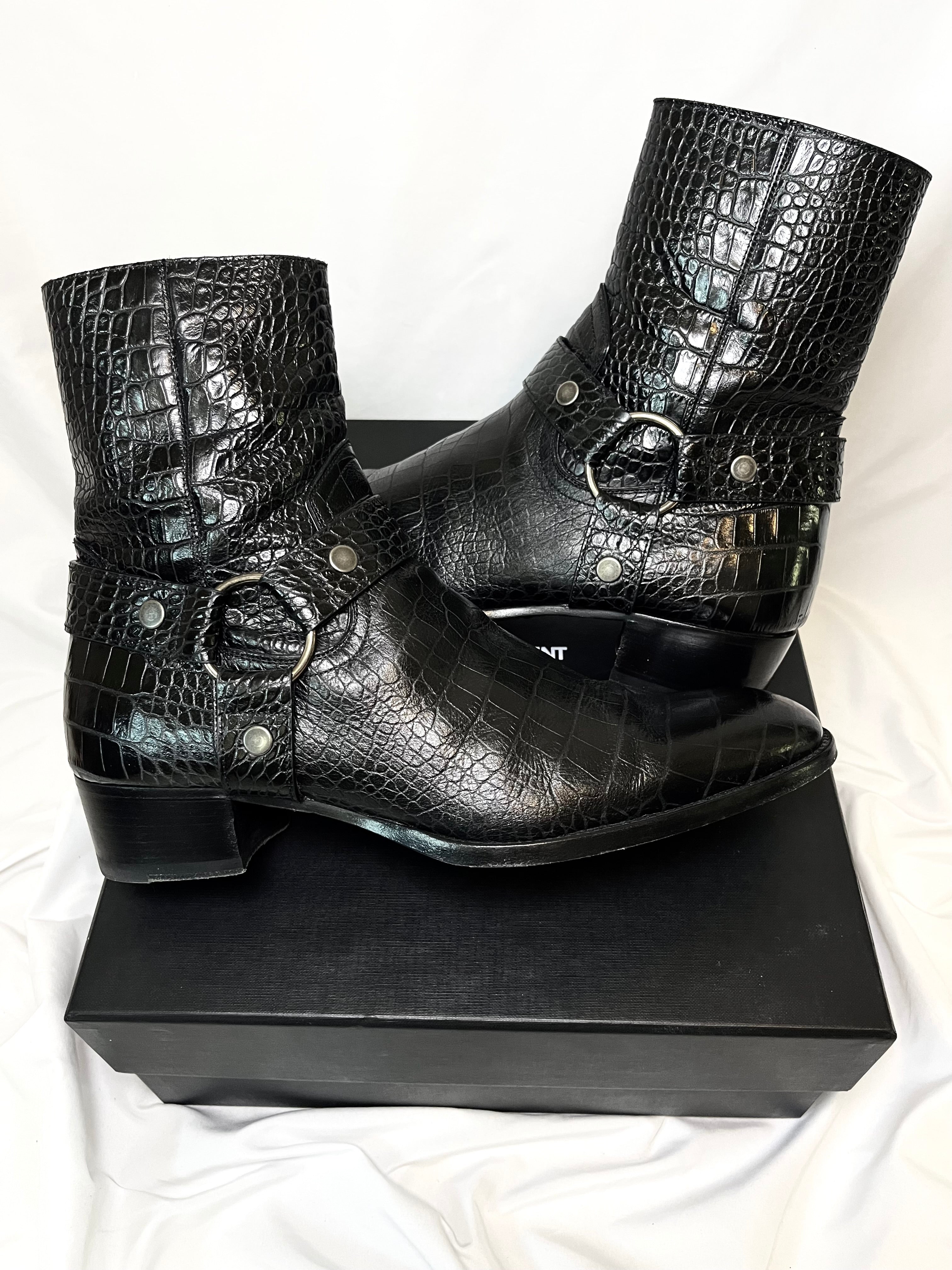 SAINT LAURENT PARIS CROCODILE LEATHER "WYATT" 40MM HARNESS BOOTS